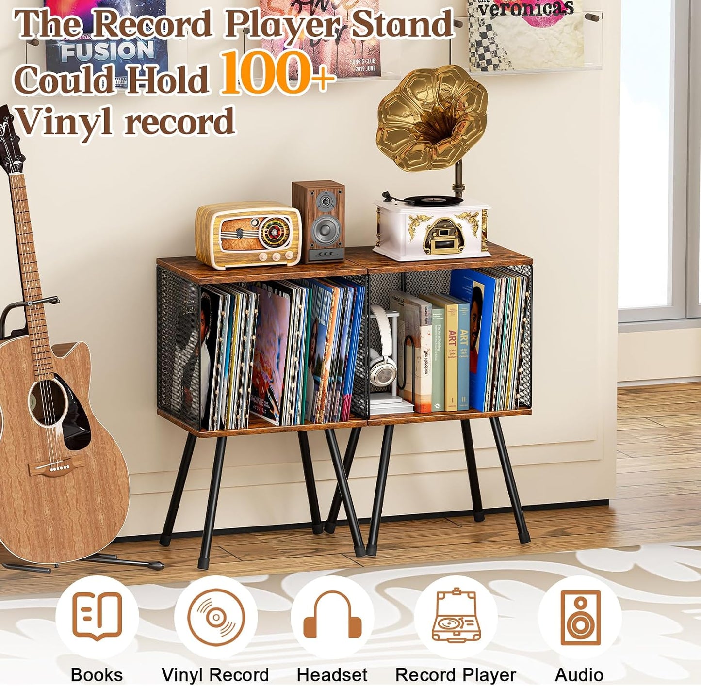 X-cosrack Record Player Stand with Storage up to 100 Albums, Retro Small Vinyl Record Holder - Adjustable Divider