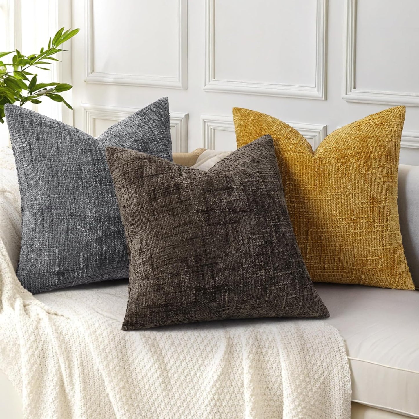 Fall Chenille Throw Pillow Covers Textured Soft Slubby Couch / Dark Brown / 18 x 18 / Set of 2