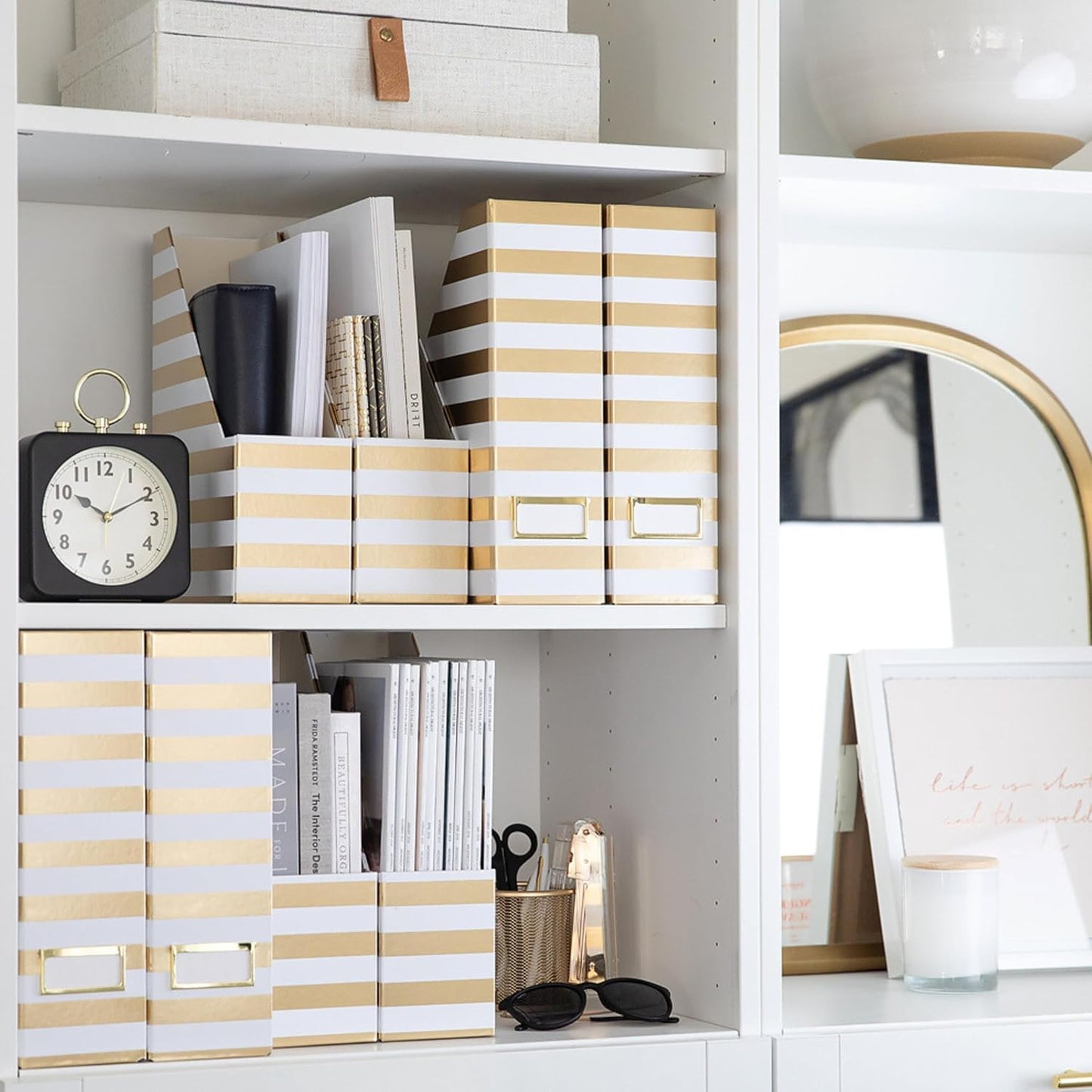 BLU MONACO | Cardboard Magazine File Holder Set of 4 Gold White Stripes | Vertical Magazine File Holder with Label