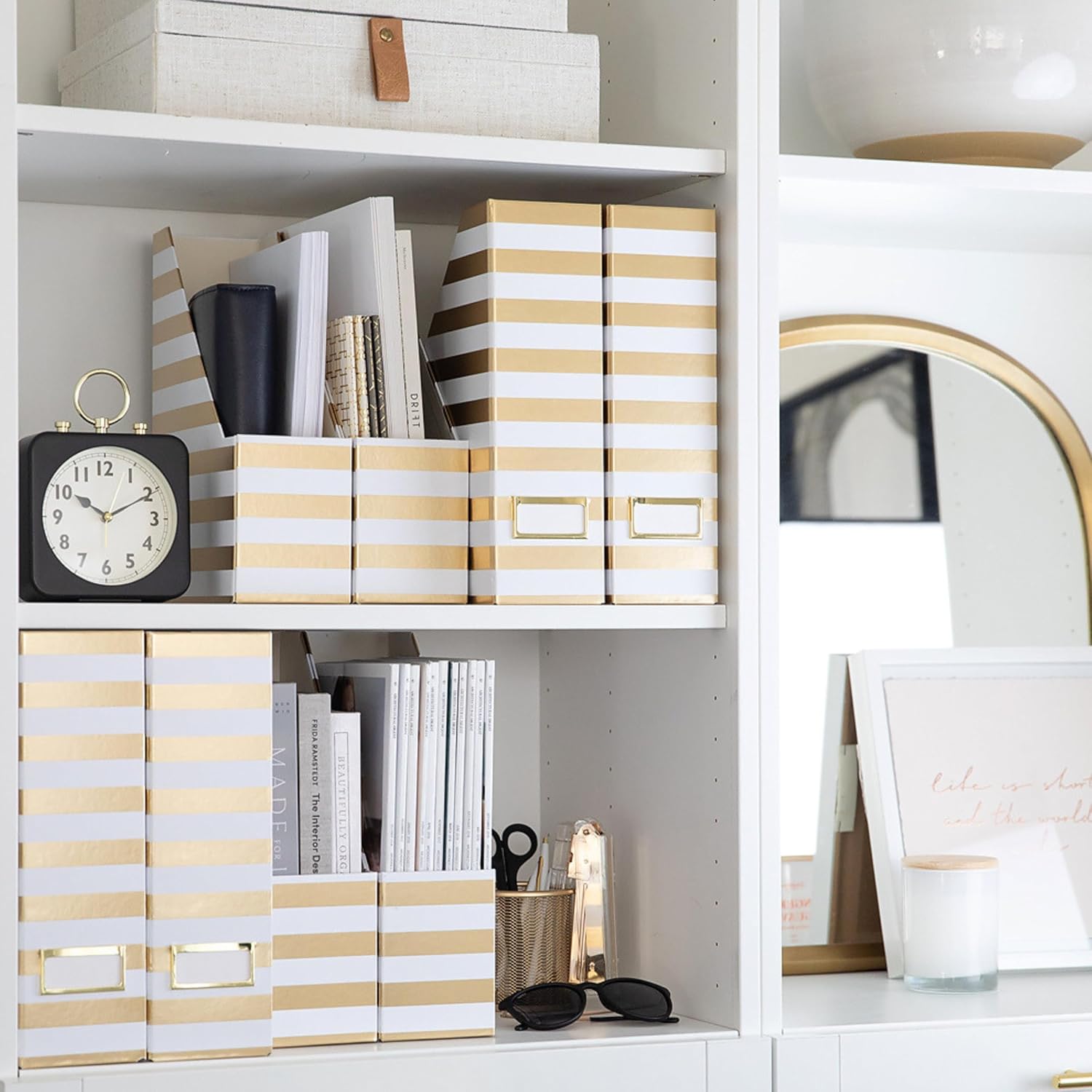 BLU MONACO | Cardboard Magazine File Holder Set of 4 Gold White Stripes | Vertical Magazine File Holder with Label