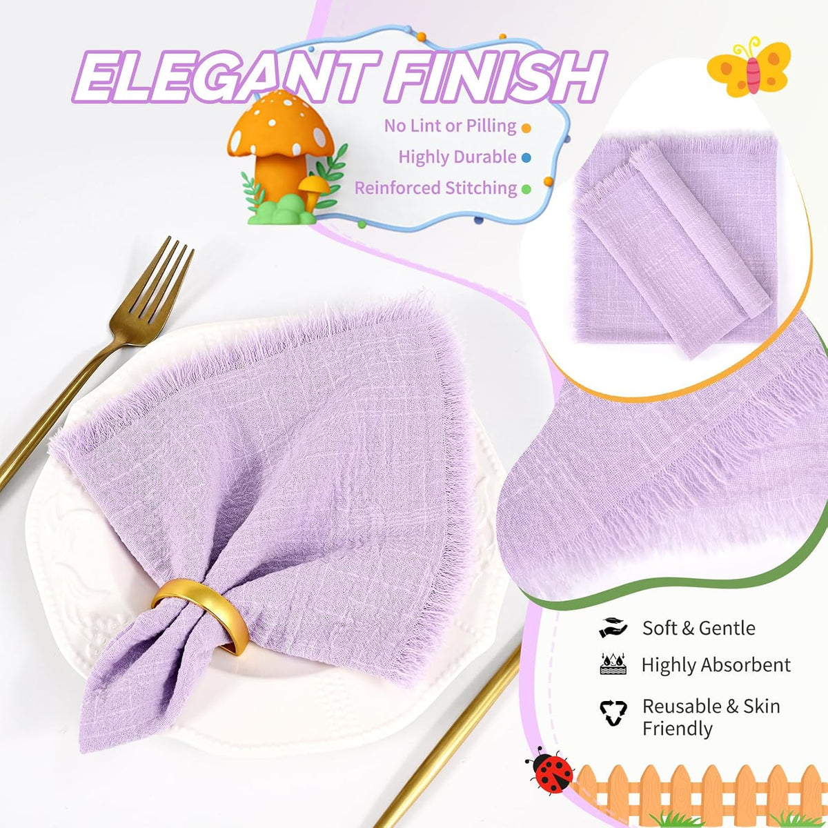 Showgeous 30 Pack Lavender Cloth Napkins with Fringe, 16x16 inch | 100% Cotton Purple Napkins Handmade Dinner Napkins