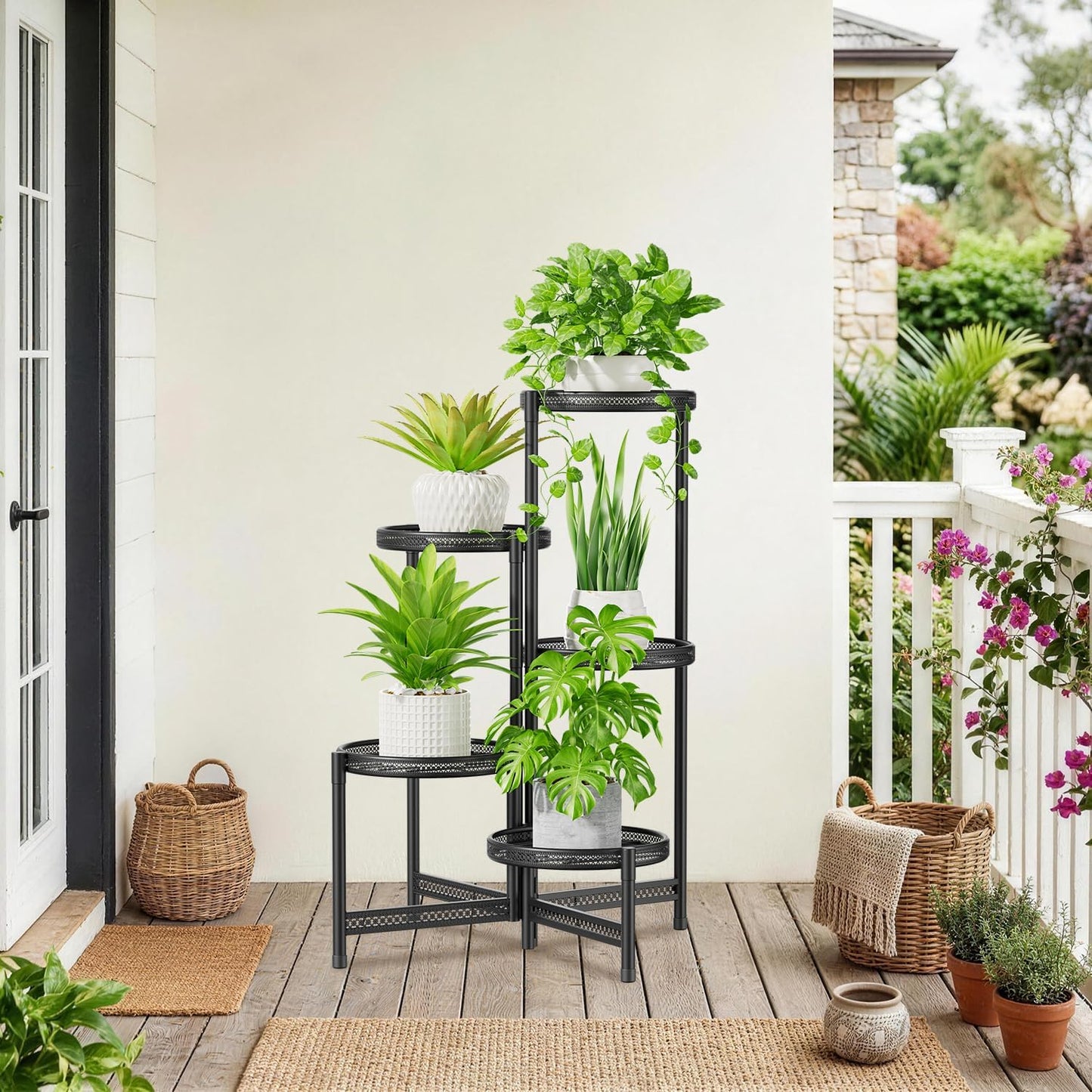 iDavosic.ly 5 Tier Large Plant Stand Indoor Outdoor, 10 In Tray, Iron Black | Tiered Metal Corner Heavy Duty Multiple
