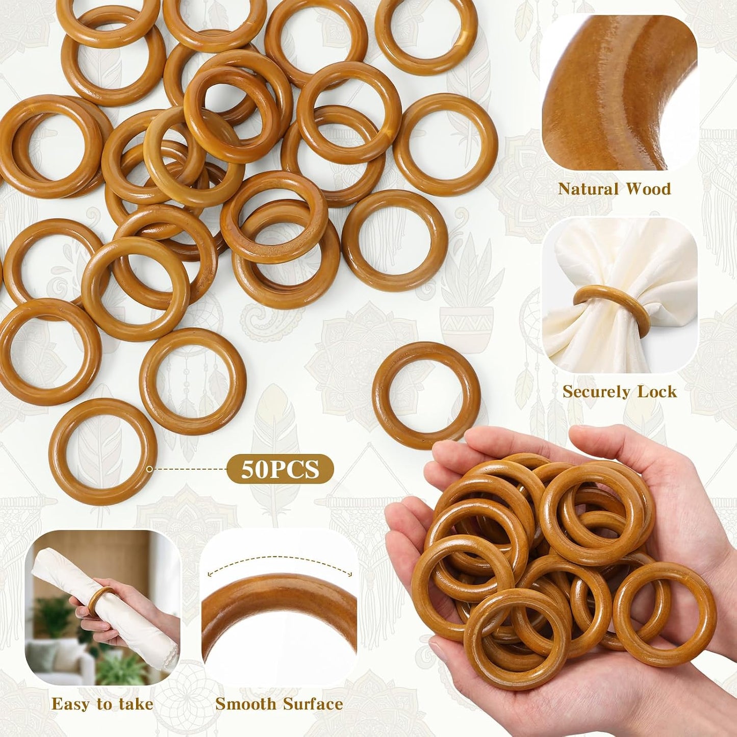 Decorative Wooden Napkin Rings Bulk Exquisite Round Dining Table Napkin Holder / Brown / Set of 50