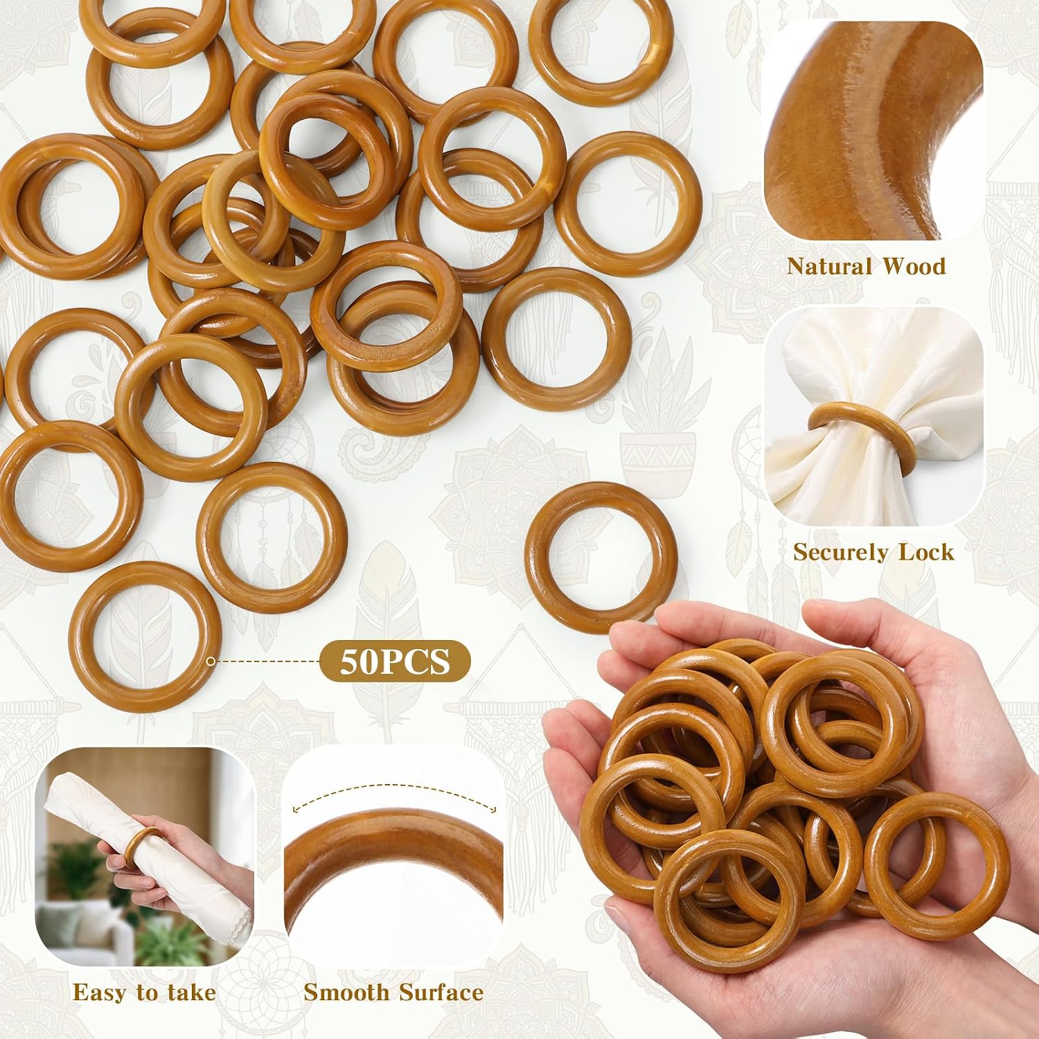 Decorative Wooden Napkin Rings Bulk Exquisite Round Dining Table Napkin Holder / Brown / Set of 50