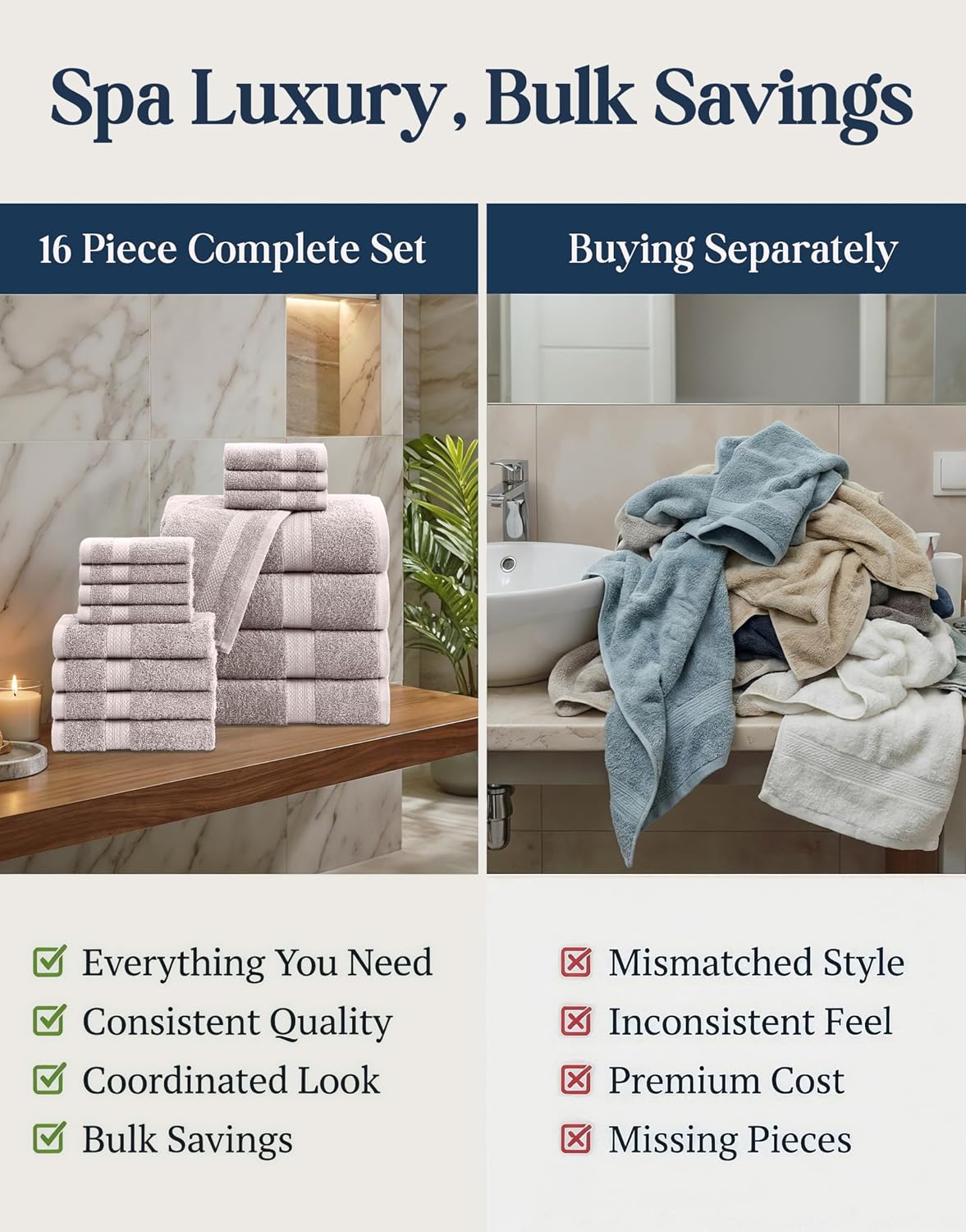 LANE LINEN Bath Towel Set 100% Cotton 16 Piece Soft Absorbent - Platinum | Cotton Towel Set - Densely Woven & Soft