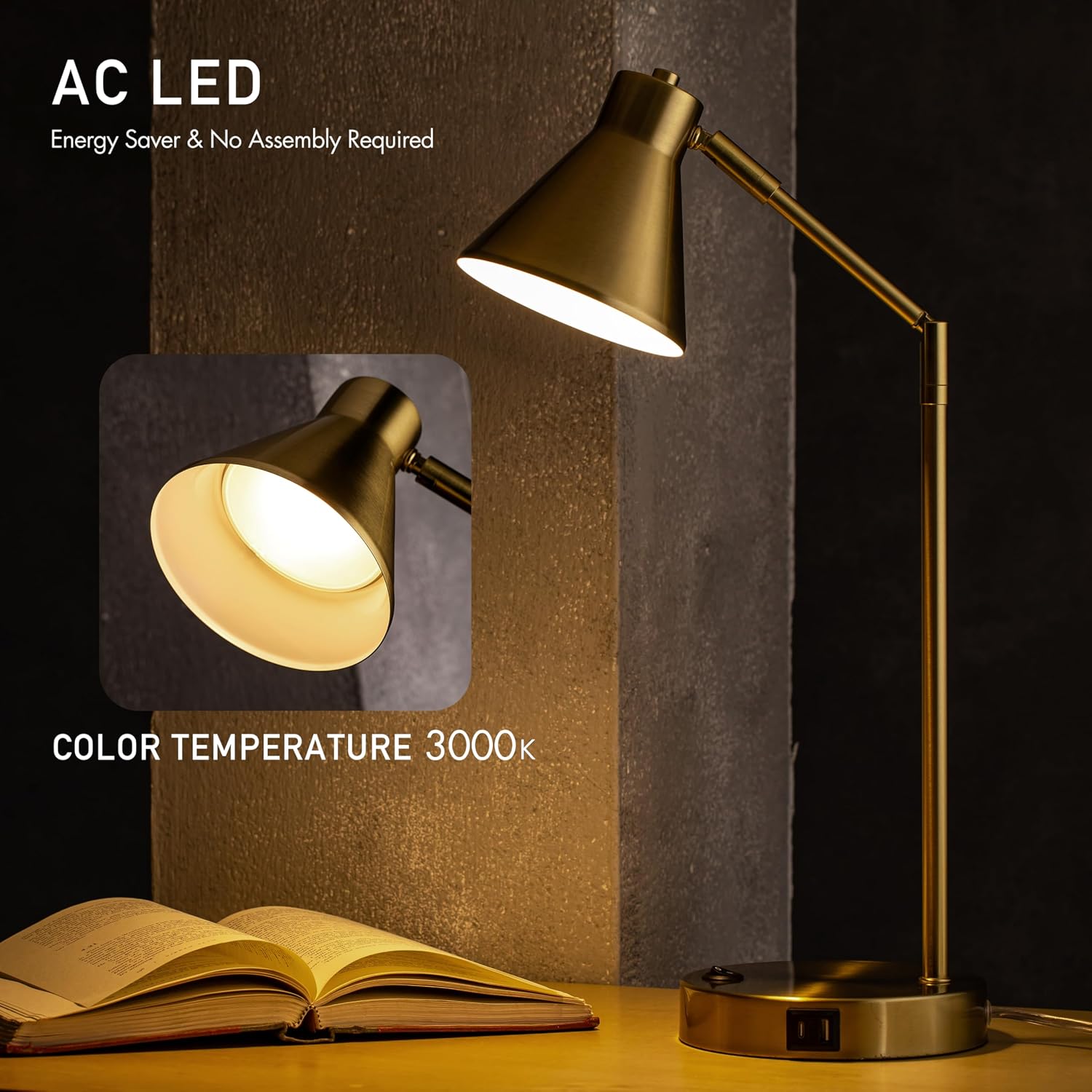 O'Bright Astrum - LED Desk Lamp with Dual USB Charging Ports, 100% Metal, 270 Degree Swivel Arms, Soft White Light