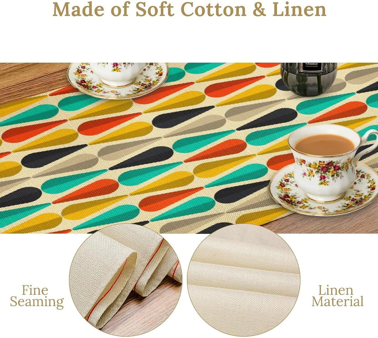Mid Century Table Runner, Abstract Aesthetic Geometric Mid Century Retro Modern Patterns Printed Linen Table Runner for