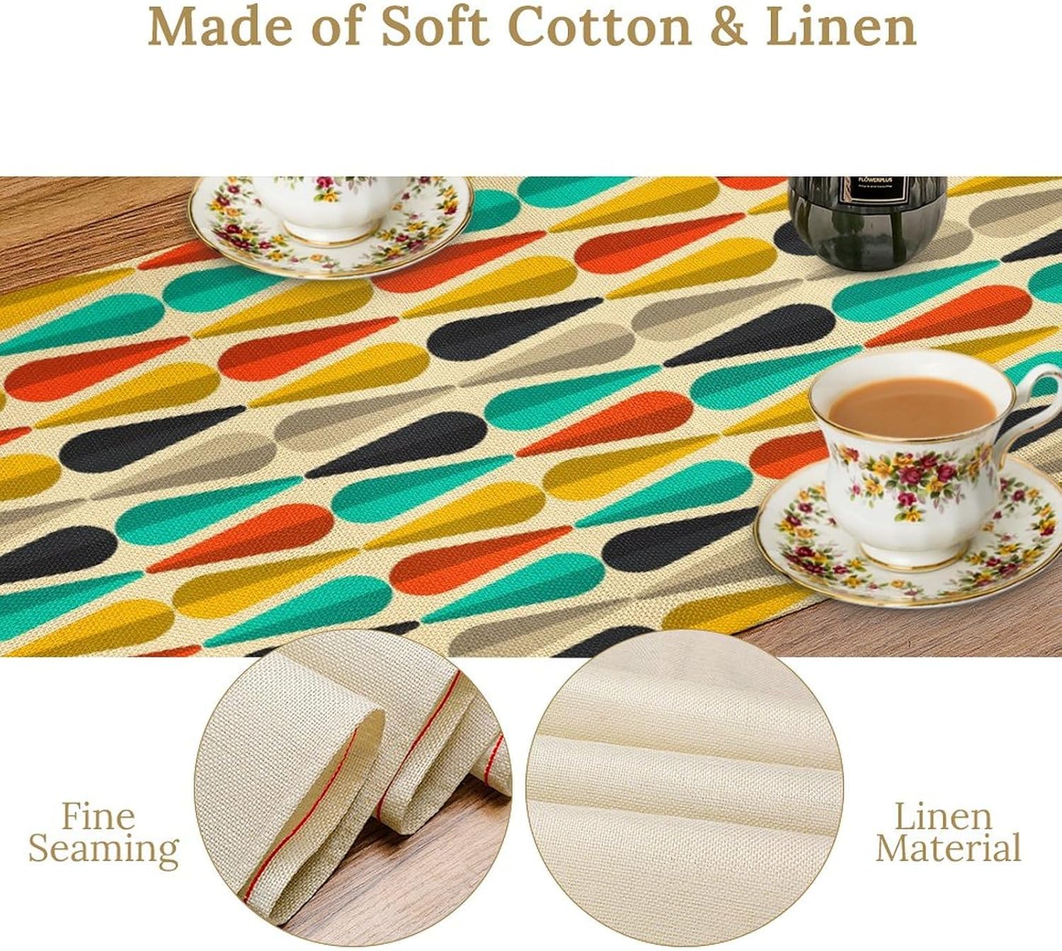 Mid Century Table Runner, Abstract Aesthetic Geometric Mid Century Retro Modern Patterns Printed Linen Table Runner for