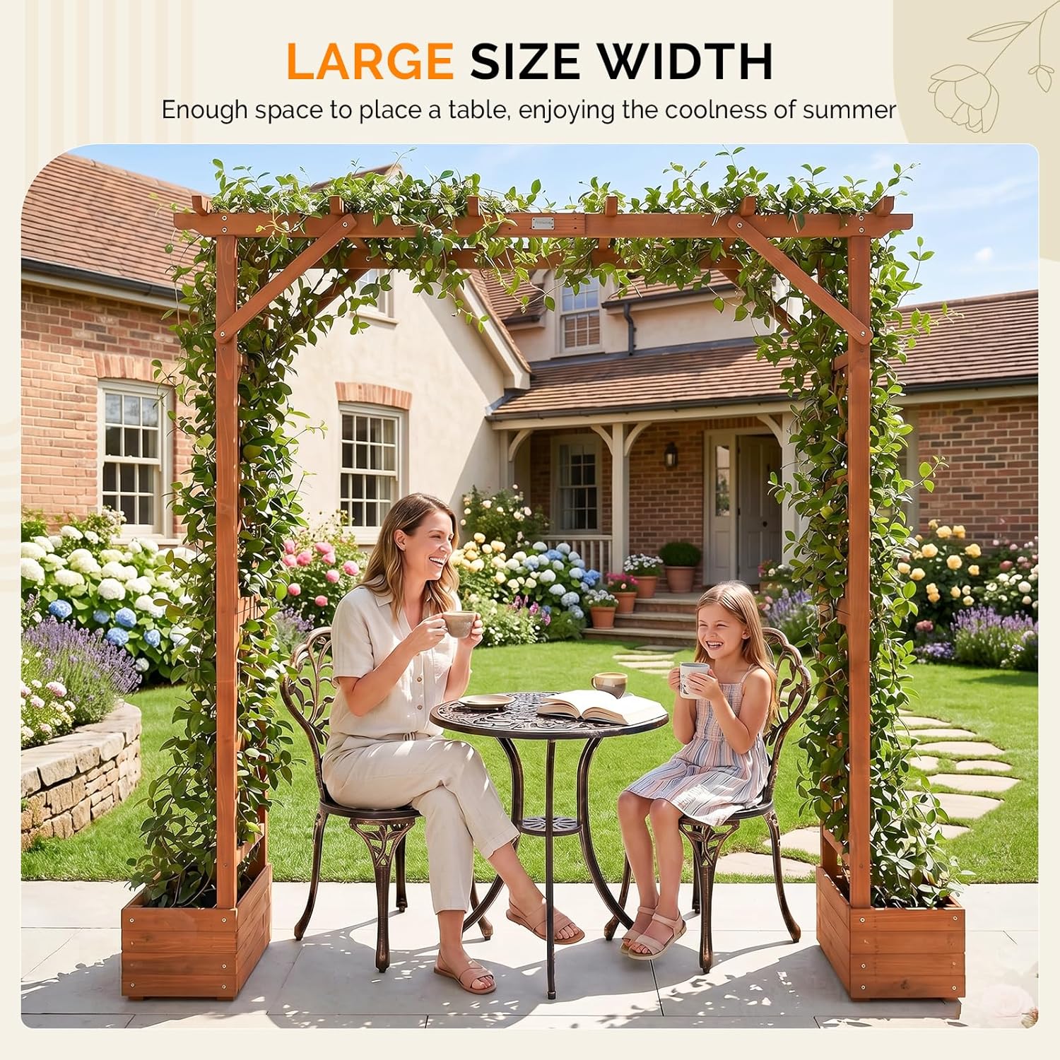 VINGLI Wooden Garden Arbor with Planter, Wedding Arch for Ceremony, Wood Garden Arbour Trellis for Plant Climbing