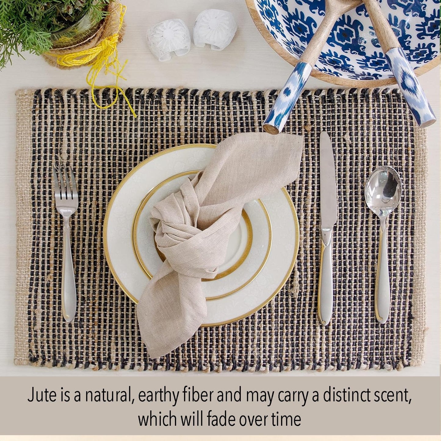 Natural Jute & Black Placemats, Set of 4 – Rustic Handmade Boho Table Mats, 13x19 Inch Dining Table Placemats for