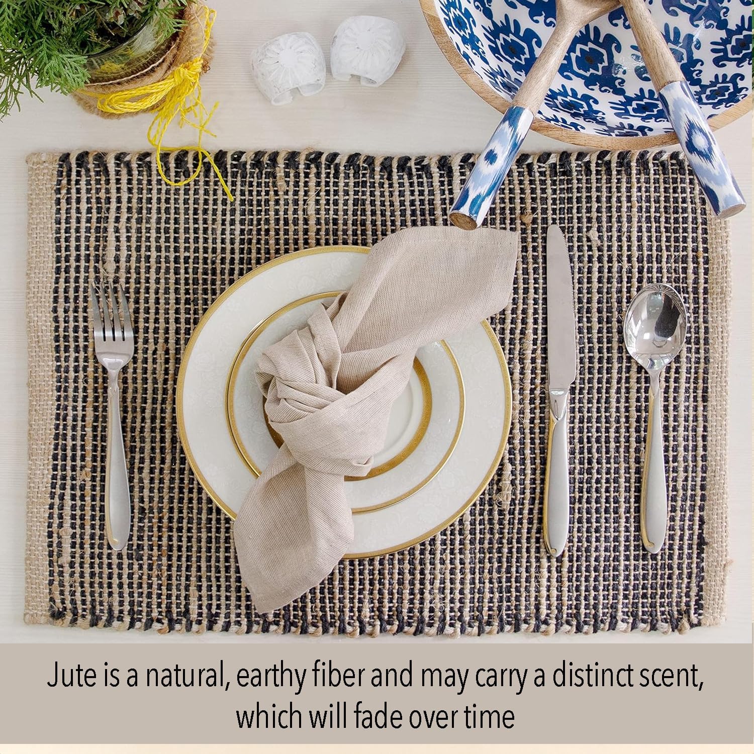 Natural Jute & Black Placemats, Set of 4 – Rustic Handmade Boho Table Mats, 13x19 Inch Dining Table Placemats for