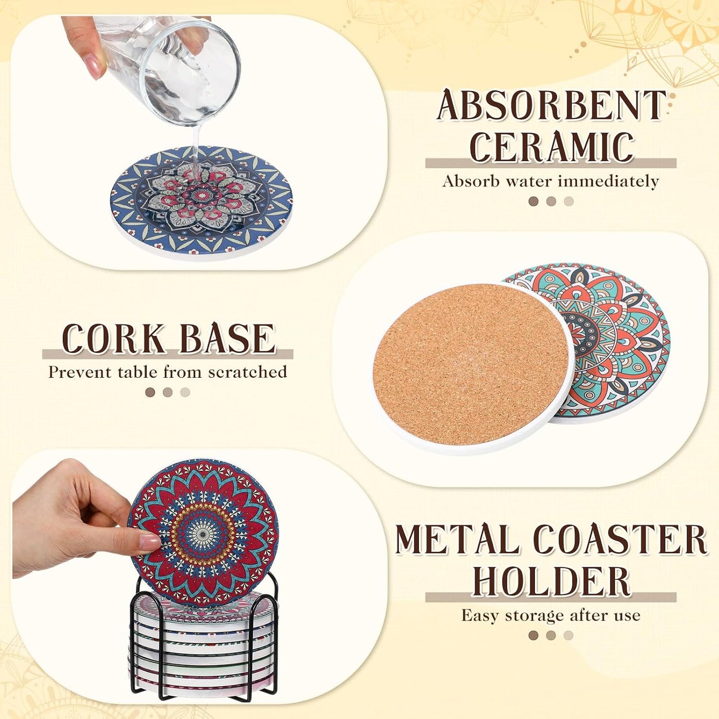 Holder Mandala Round Absorbent Drink Coasters / Mandala Style / 4 Inch / Set of 8