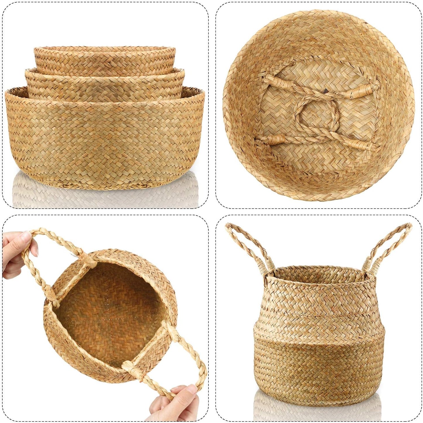 Seagrass Belly Storage Basket Woven Plant Pot Holder / Natural Color / Set of 3