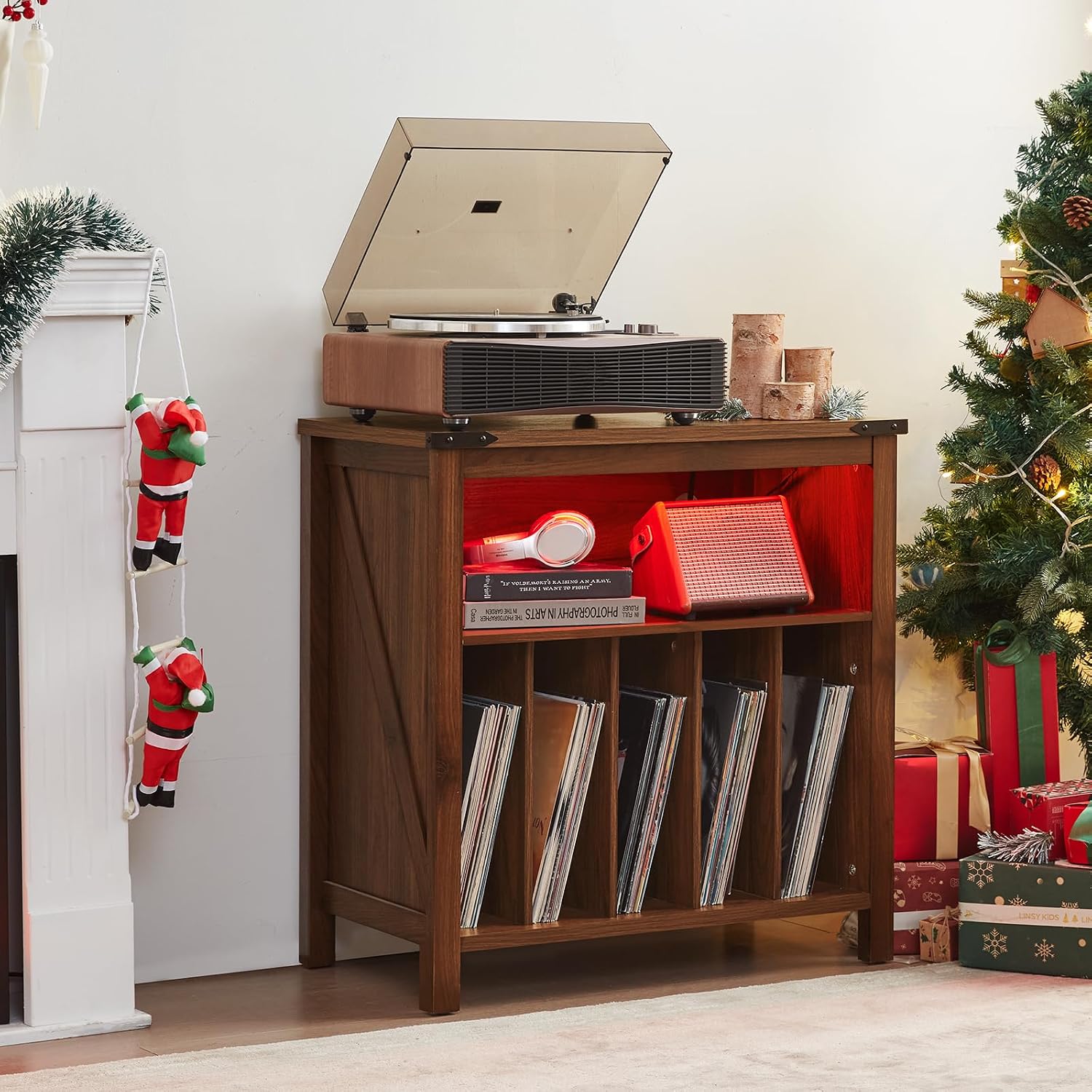 Joaxswe Large Record Player Stand with Charging Station & LED Lights, Vinyl Records Storage Holder Cabinet Holds up to