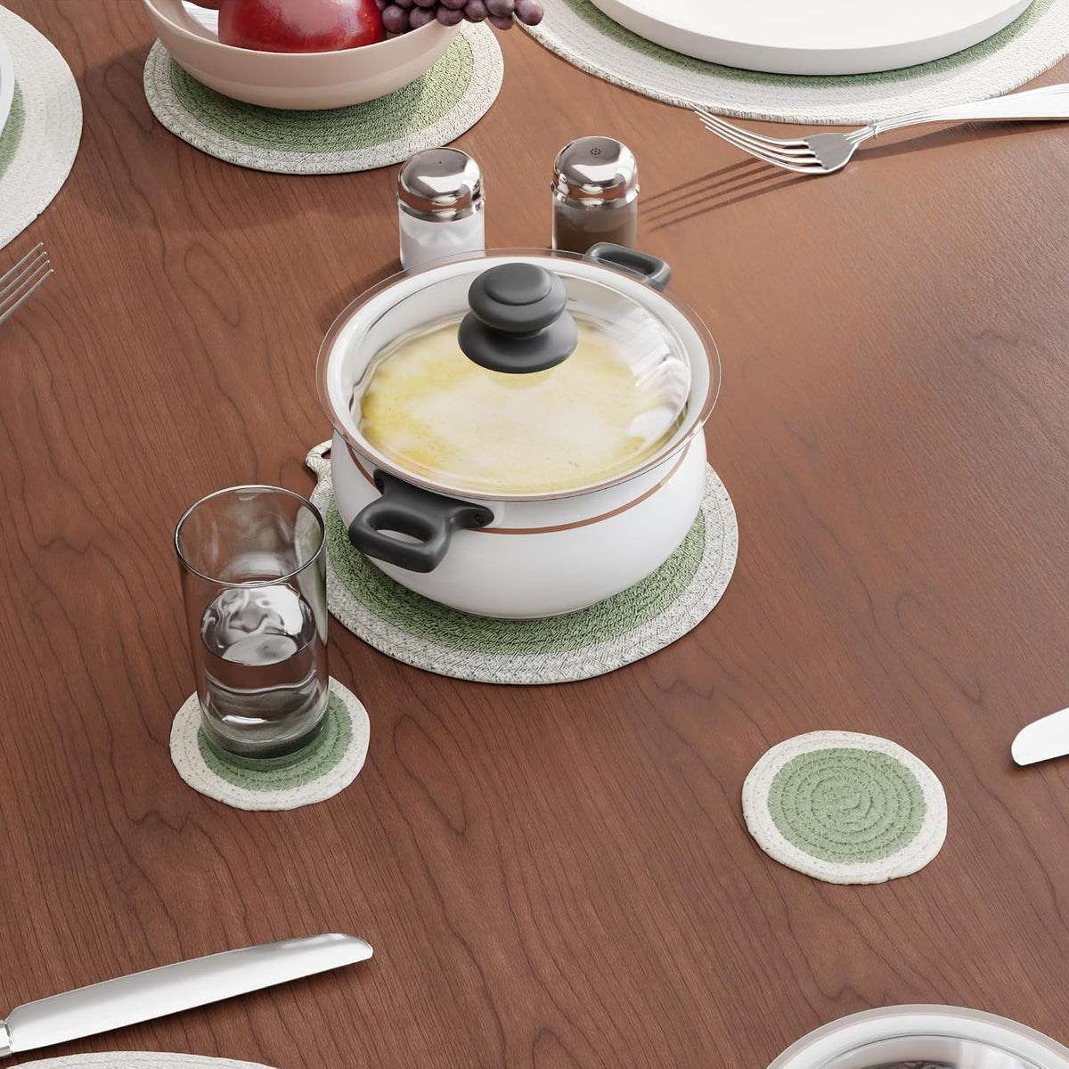 Encasa XO Cotton Placemats, Coasters & Trivets 13" | Sage, Heat Resistant | Protective Table Pad | Handcrafted Ribbed