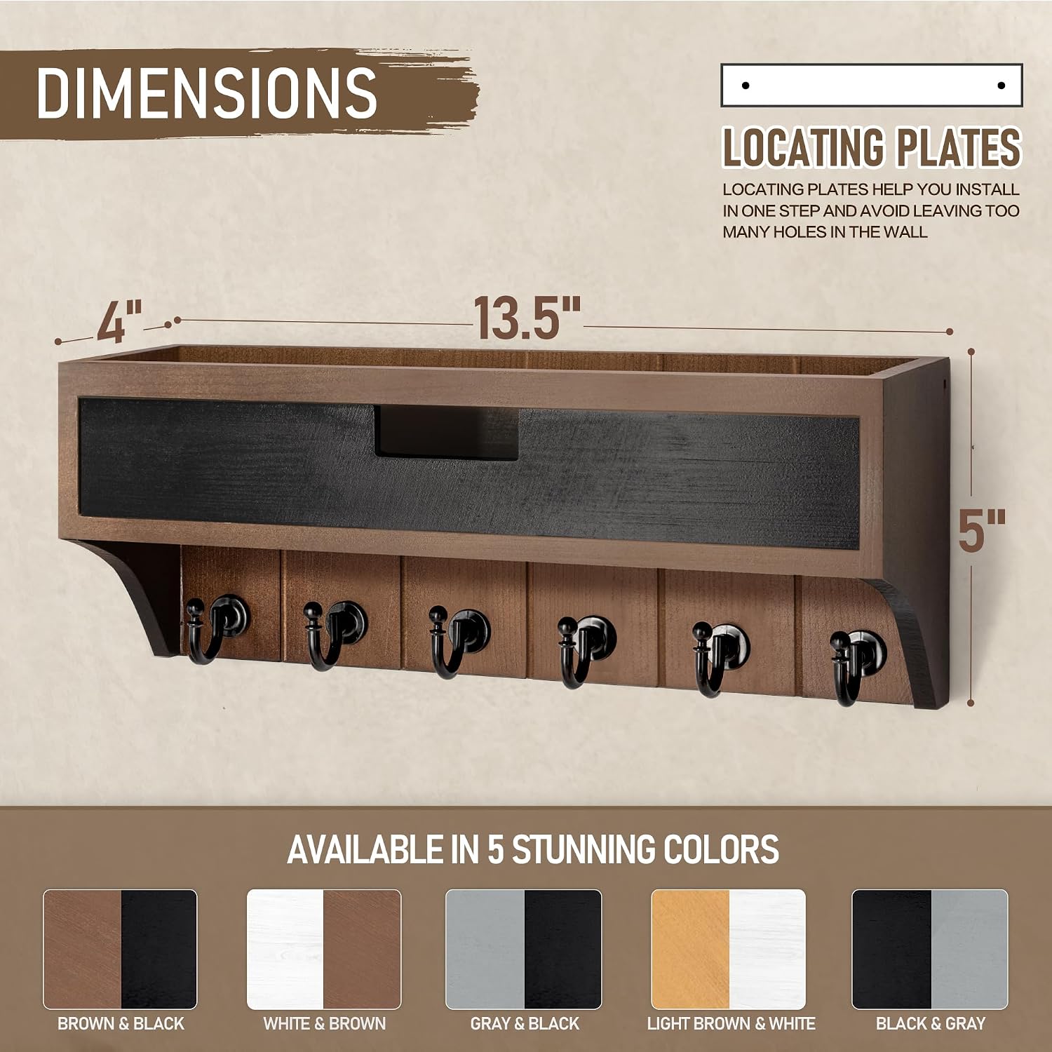 Pine Wood Key Holder Wall Mount / Brown & Black / 1-drawer
