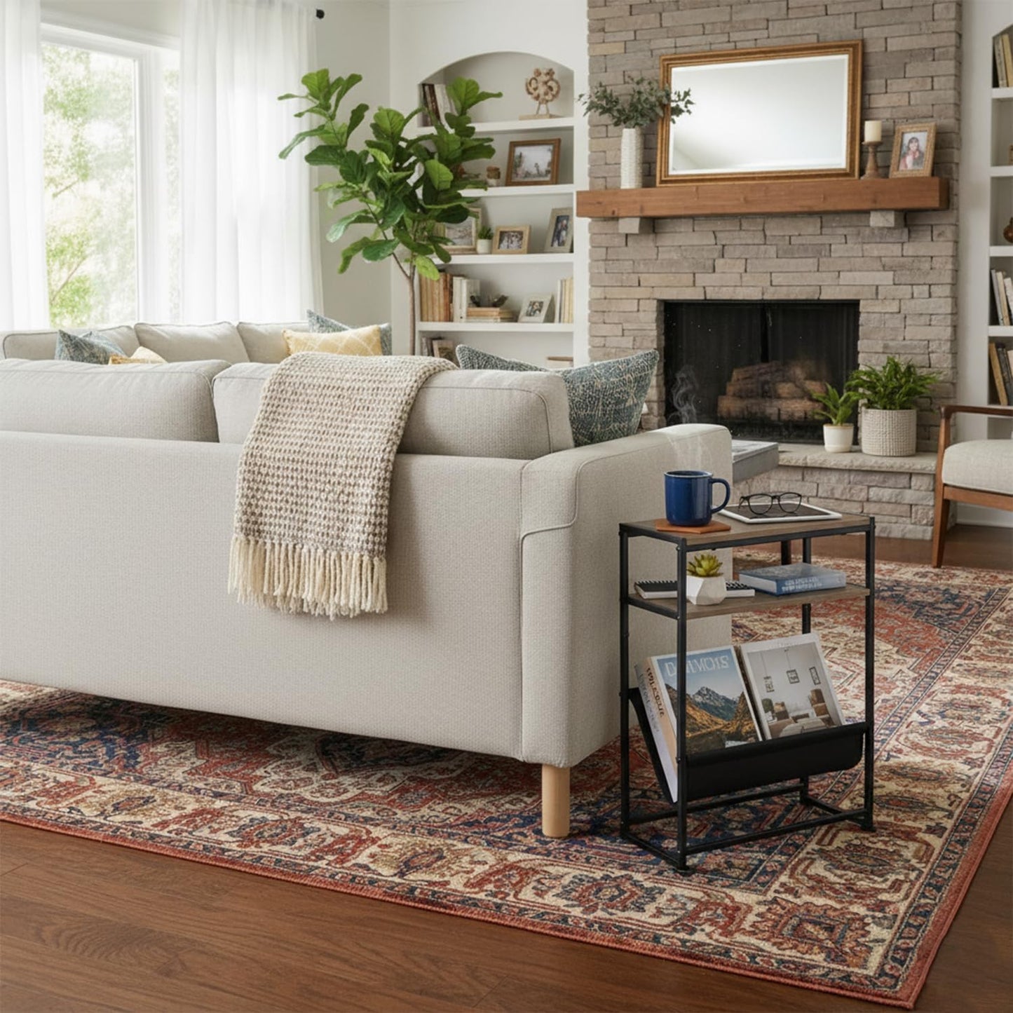 Narrow End Table for Small Spaces - Slim Side Table with Magazine Holder,2 in 1 Design Narrow Coffee Table Living