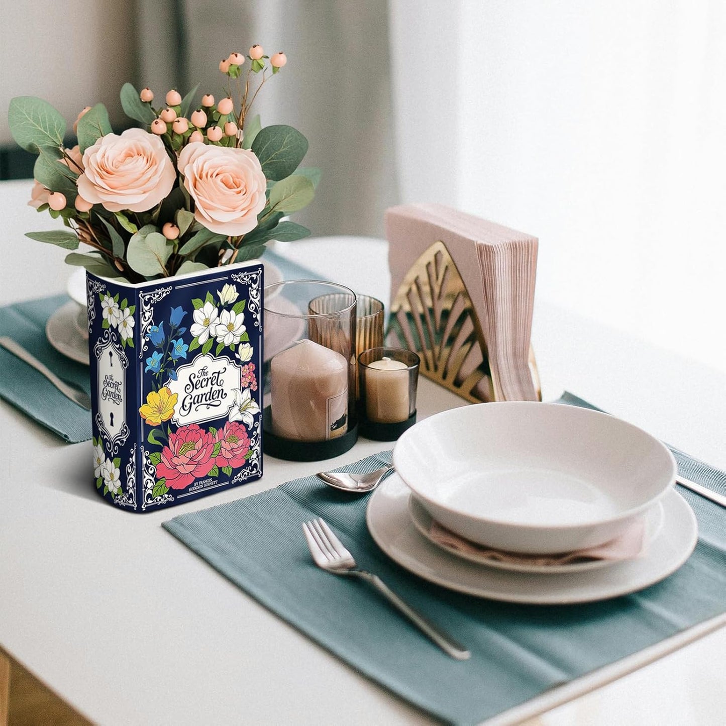 Ceramic Book Vase for Flowers Book-Shaped Decorative Vase / 5.5 x 2.5 x 4 / Inch Secret Garden