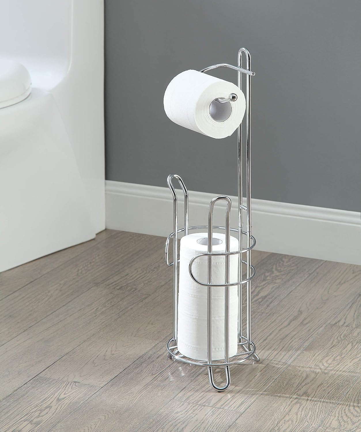 SunnyPoint Freestanding Toilet Paper Holder with Storage – Holds 3 Spare Rolls, Heavy-Duty Steel, Chrome Finish, Easy