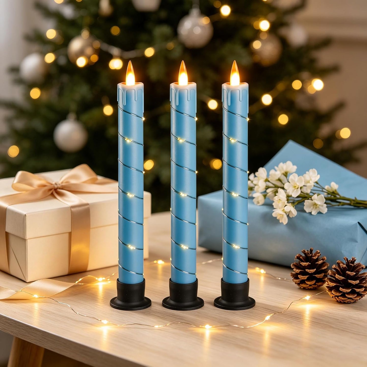 3 Pack Blue Dripping Wax Flameless Candles, Realistic Dynamic Flame LED Taper Candles with Surrounding Fairy String