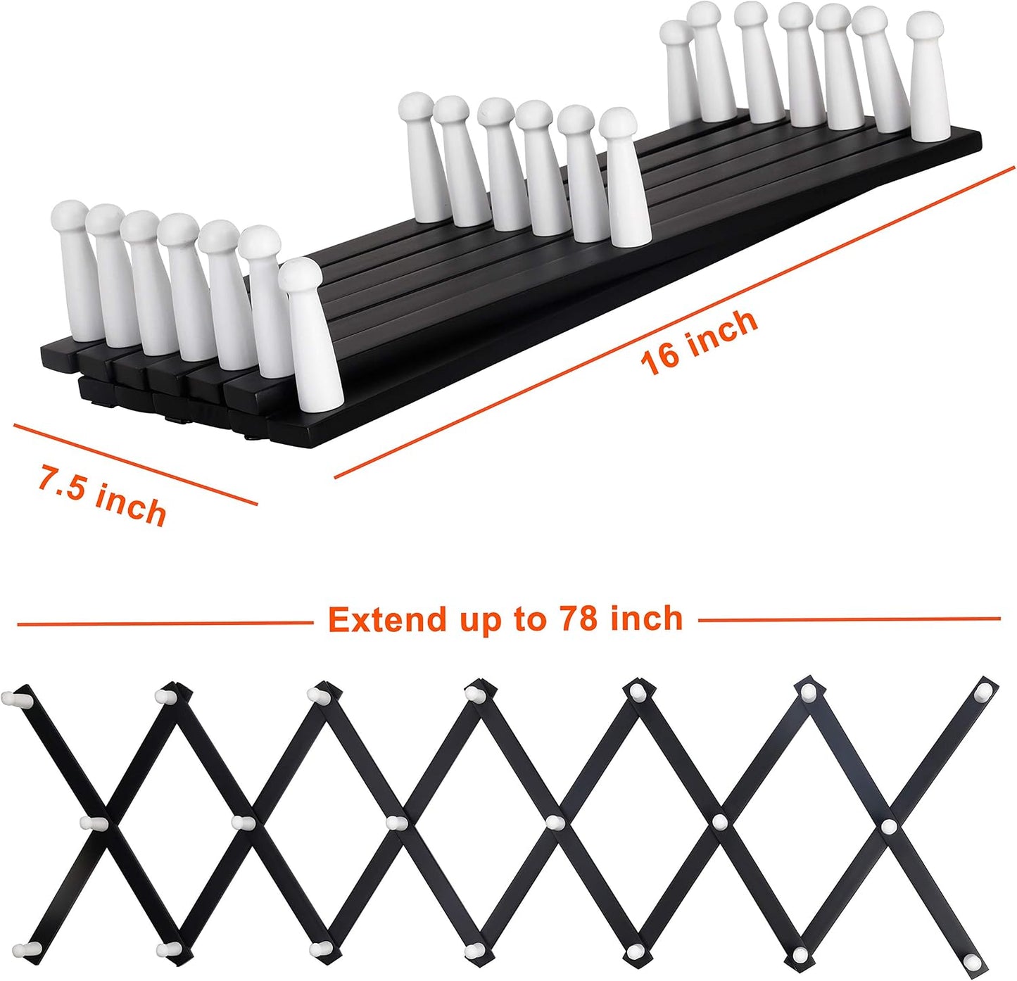 Accordian Wall Hanger: 16” High Wooden Wall Expandable Coat Rack, Hat Rack Holder, Accordion Hook for Baseball Caps