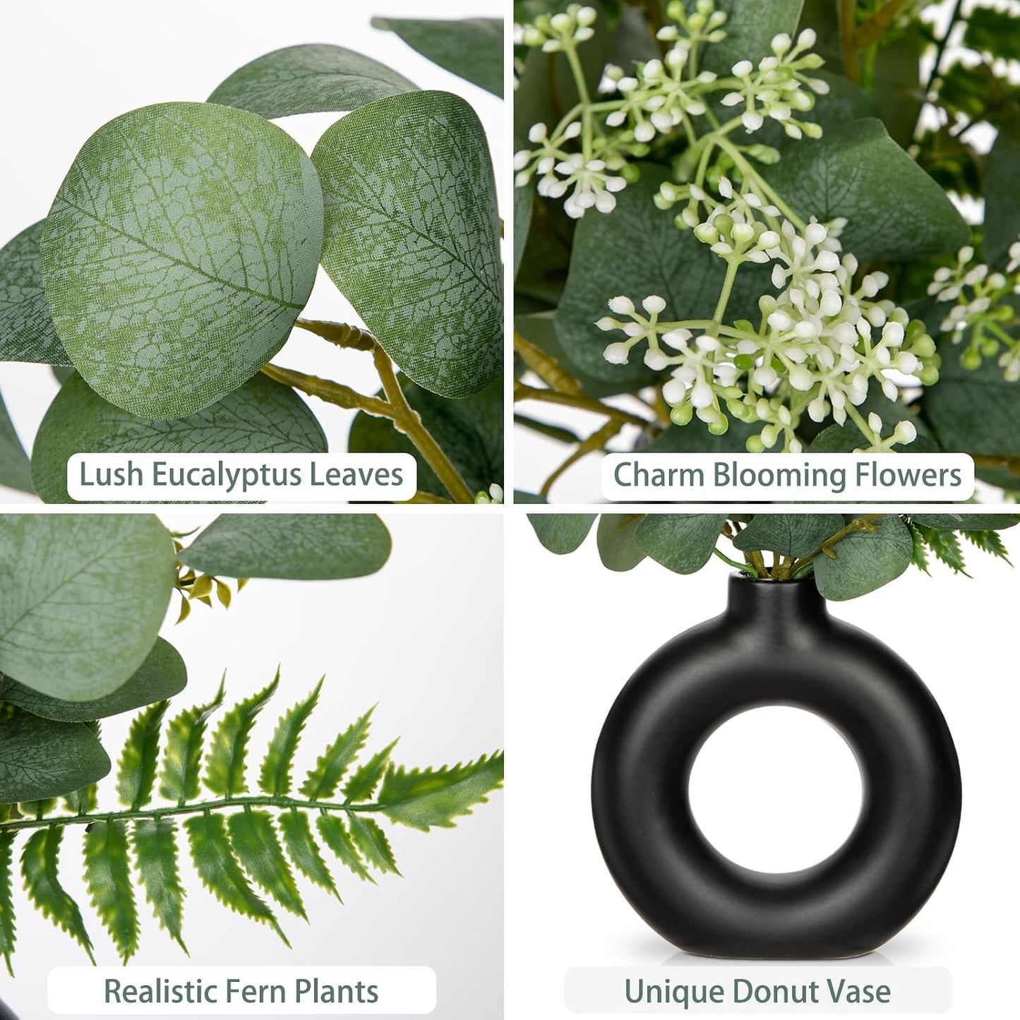 Artificial Eucalyptus Stems in Ceramic Vase 14.23" Fake Eucalyptus Plant Decor Donut Vase / Black