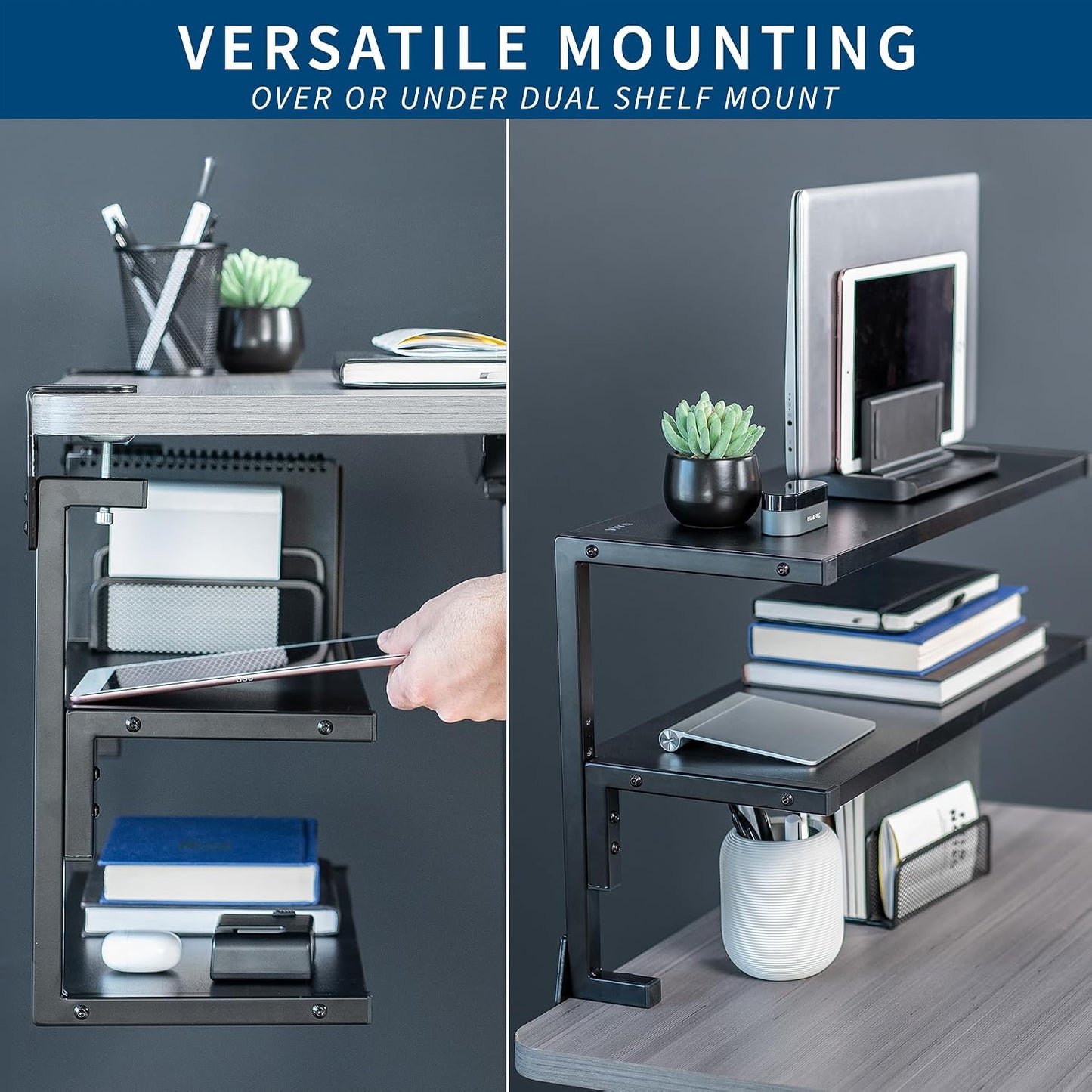 VIVO Black Clamp-on 24 inch 2-Tier Desk Shelf, STAND-SHELF24C | Above or Below Desk, 2 Level Shelving Unit for Table