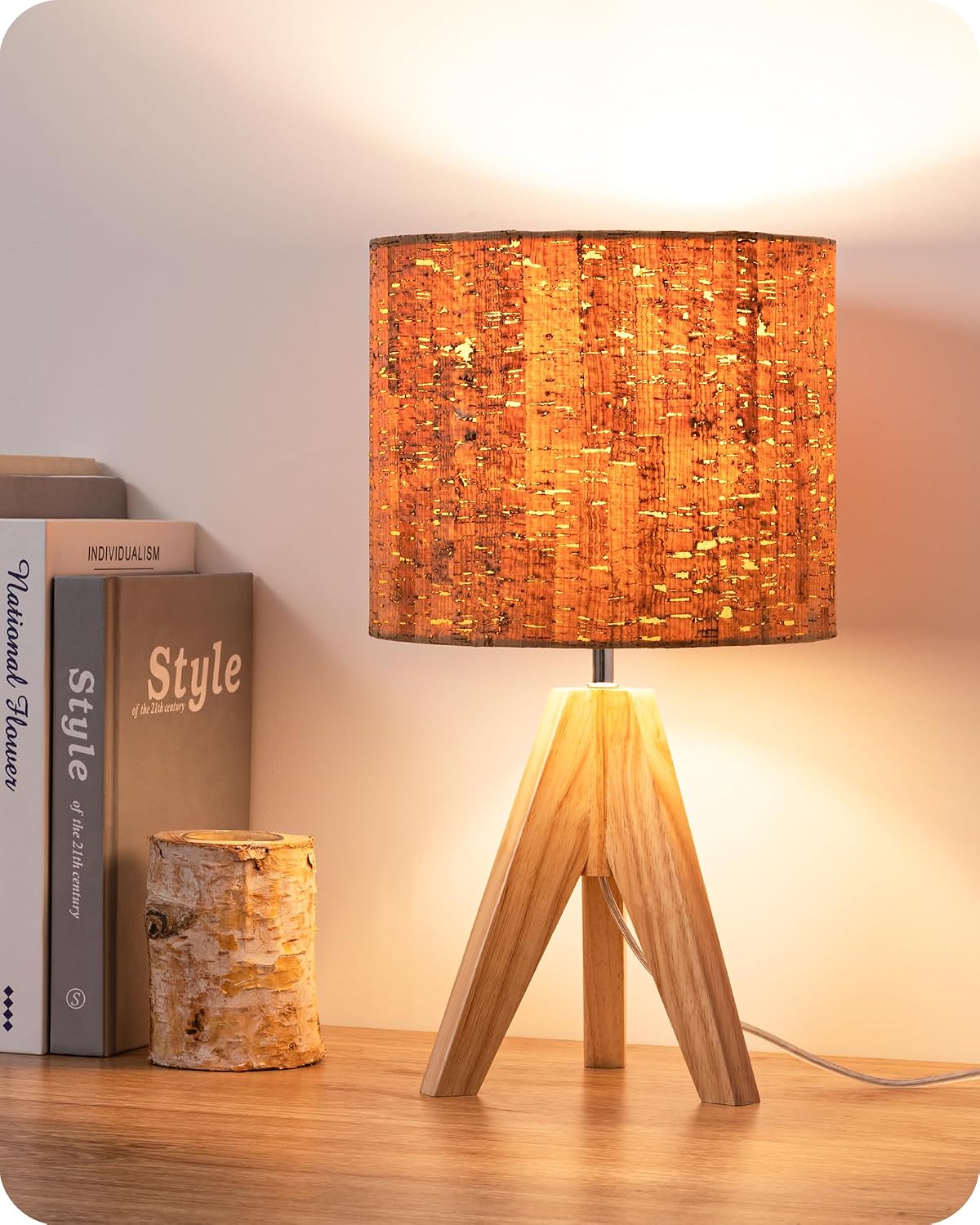 EDISHINE Small Table Lamp, Wood Tripod Nightstand Lamp, Bark Linen Shade