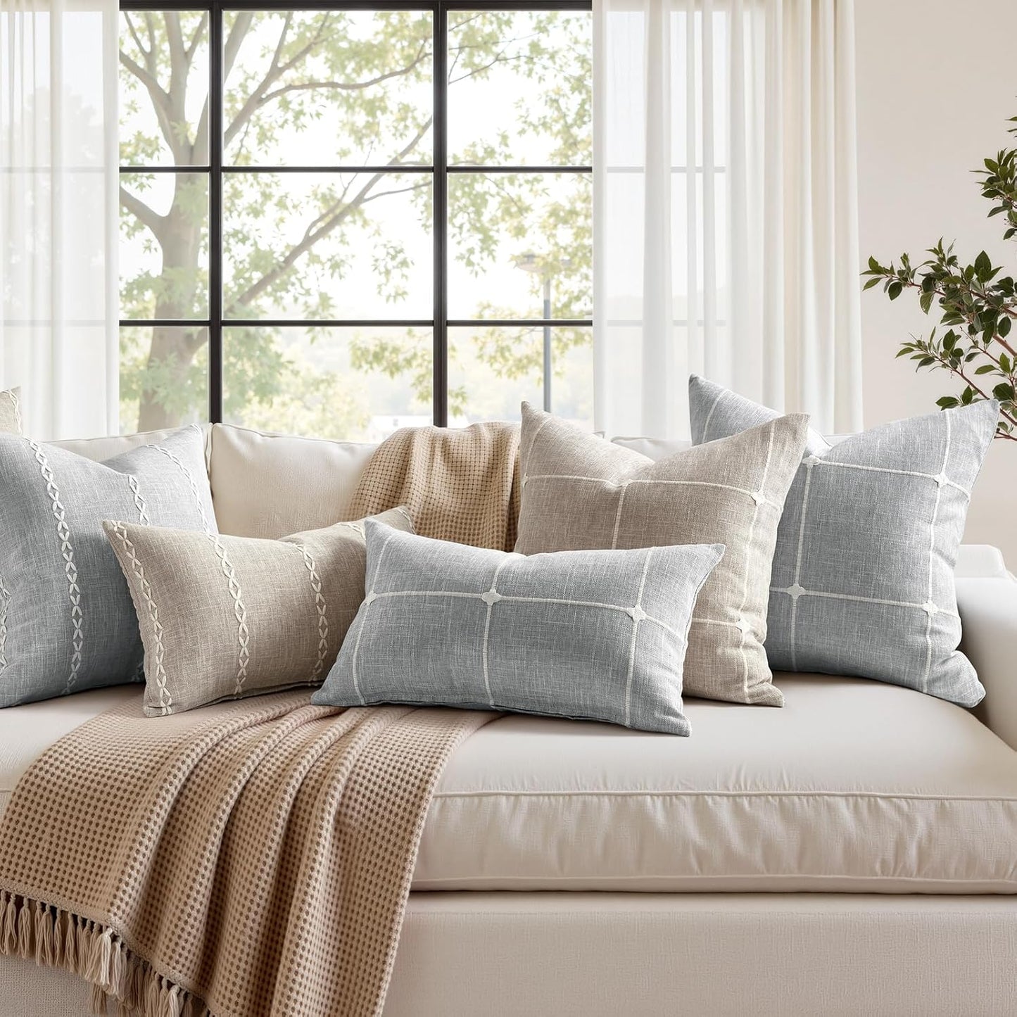 Tan Farmhouse Pillow Covers / Tan Plaid / 18 x 18 / Set of 2