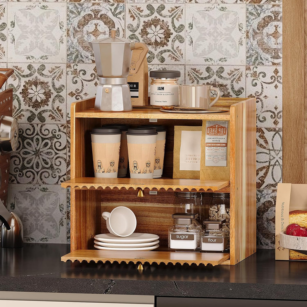 Trironsun Acacia Bread Box for Kitchen Countertop Wood Bread Storage Container Bin Double Layer BreadBox Farmhouse