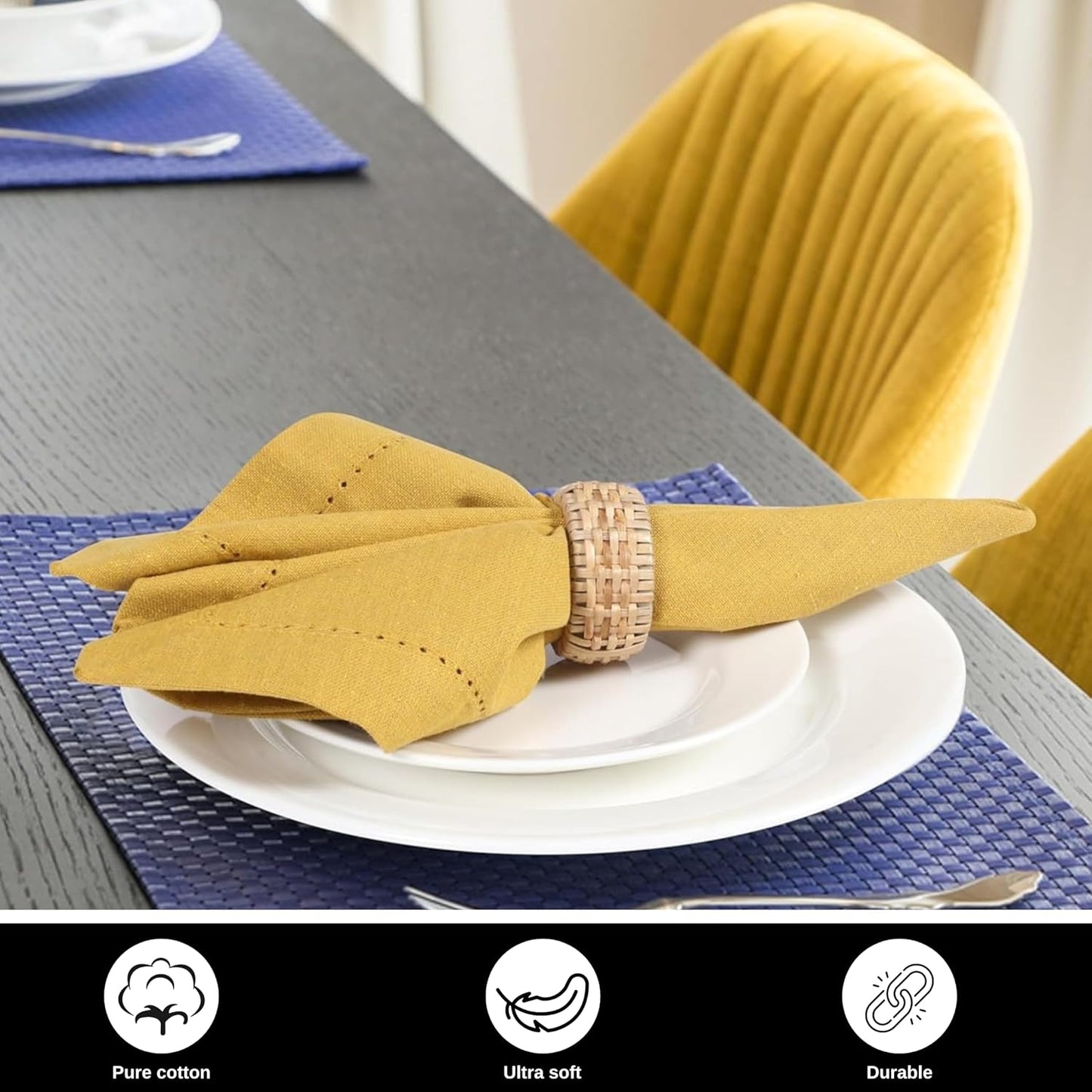 Bedding Craft Cotton Dinner Cloth Napkins Set of 12 – 18x18 Honey Yellow Hemstitched – Machine Washable Fabric Napkins