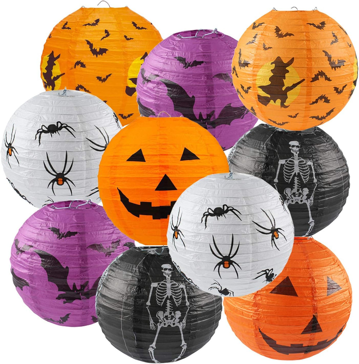 10PCS Halloween Paper Lanterns, Hanging Jack-O'-Lantern Spider Skeleton Pumpkin for Halloween Party Decor, Indoor & Outdoor Spooky Home Decor - 10 Inches