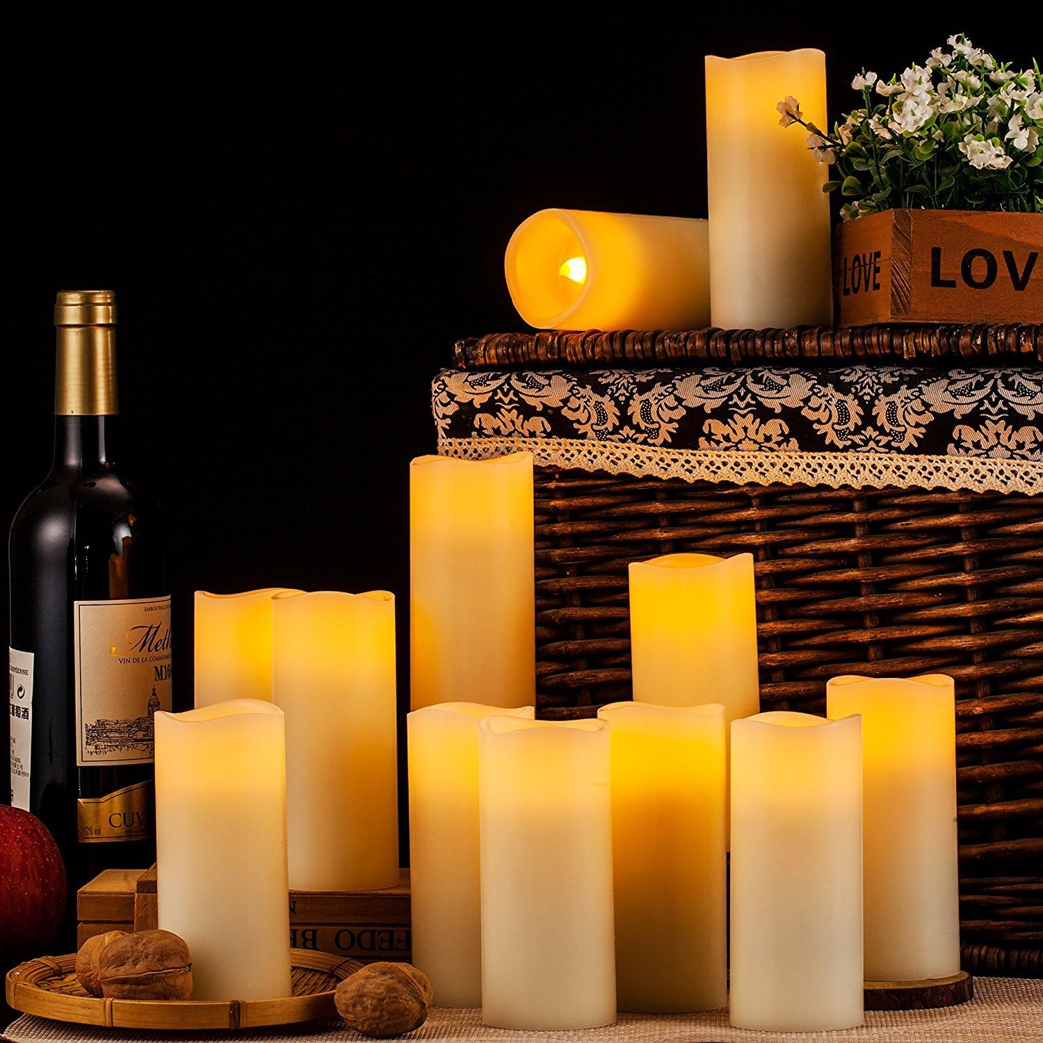 Flameless Candles Flickering LED Candles Set of 12 (D:2.2" X H:5") Ivory Real Wax Pillar Battery Opeated Candles with