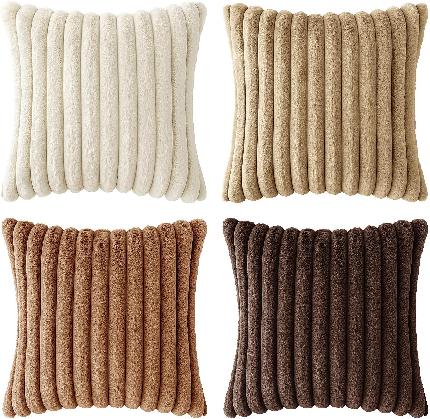 Faux Fur Plush Decorative Throw Pillow Covers / 18 x 18 / Brown / Set of 4