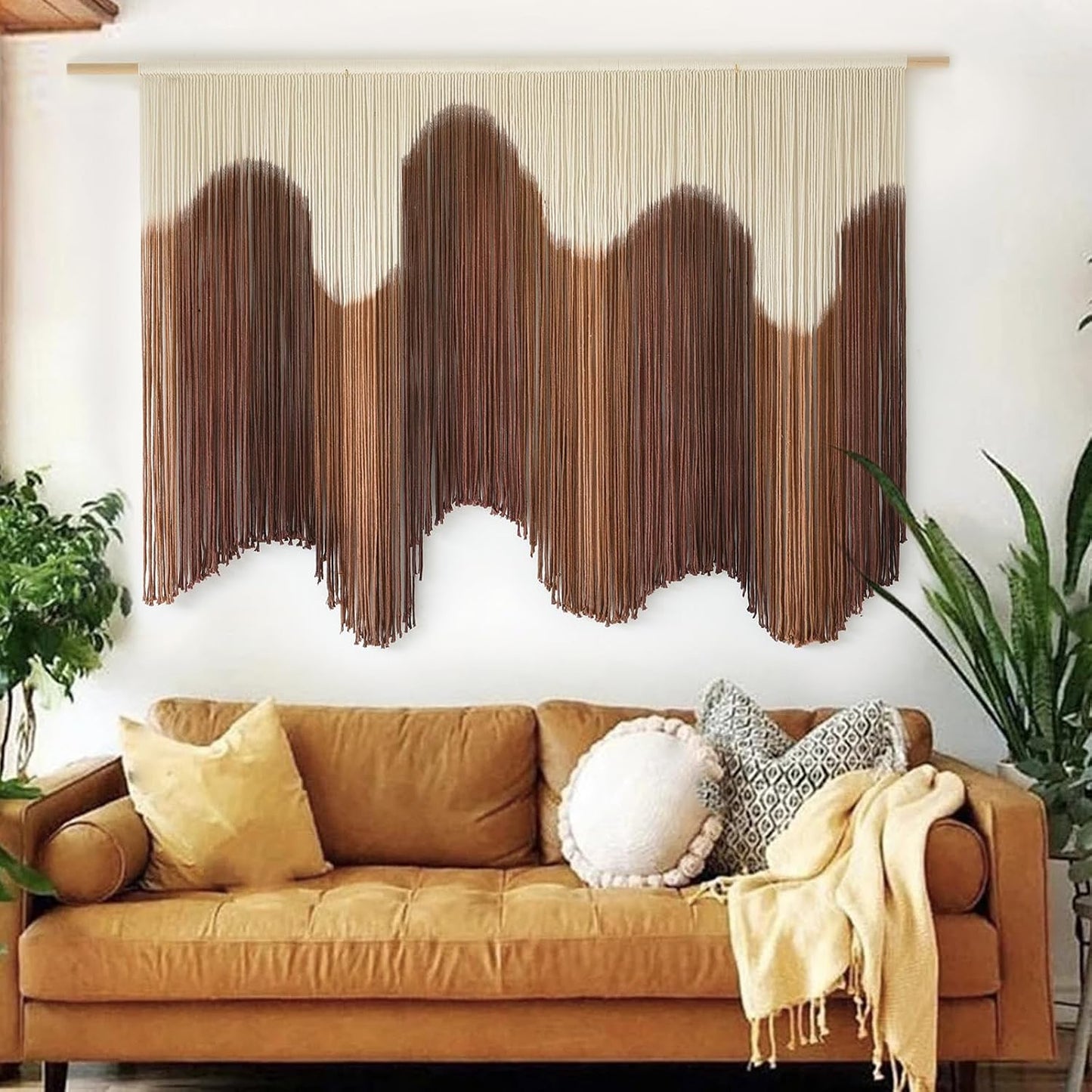 Macrame Wall Hanging Dip-Dyed Large Handmade Macrame Cord Fiber Art Boho Wall Decor / Brown3 / Brown