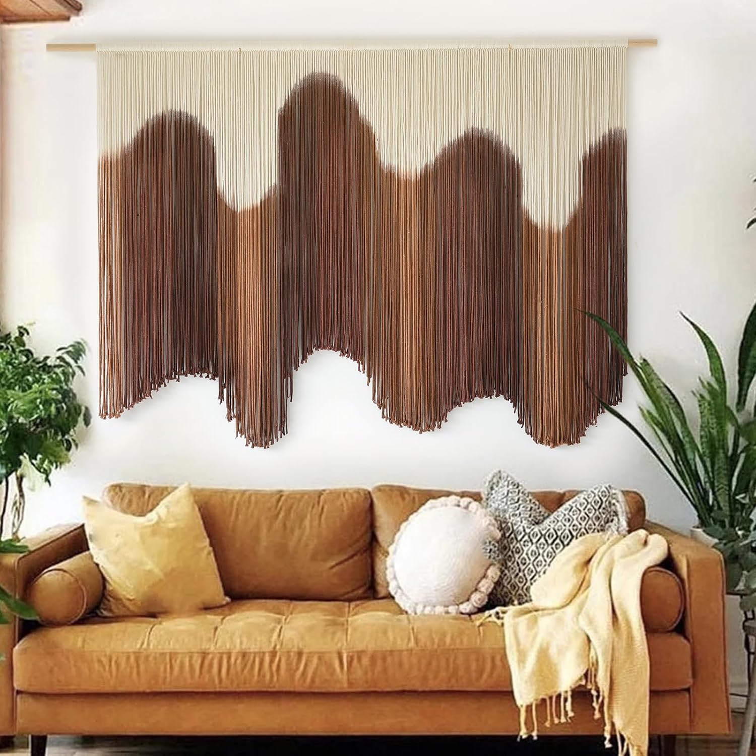Macrame Wall Hanging Dip-Dyed Large Handmade Macrame Cord Fiber Art Boho Wall Decor / Brown3 / Brown