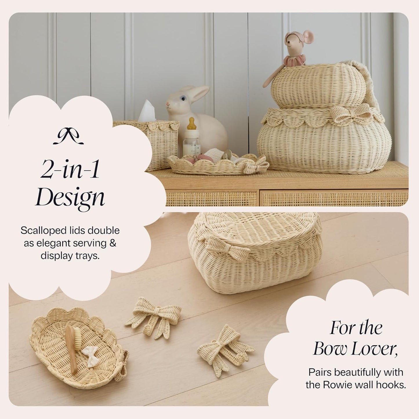 The Original Scalloped Bow Basket / Natural with Bow / 15 x 11 x 6 / Set of 2