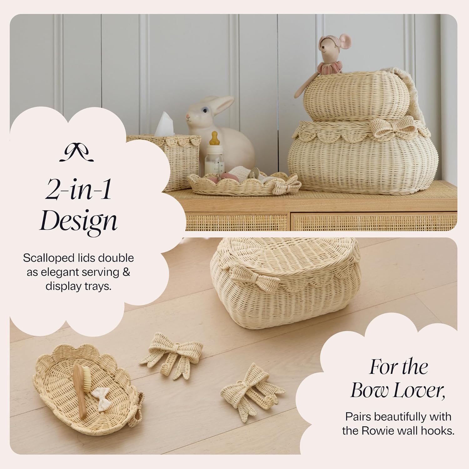 The Original Scalloped Bow Basket / Natural with Bow / 15 x 11 x 6 / Set of 2