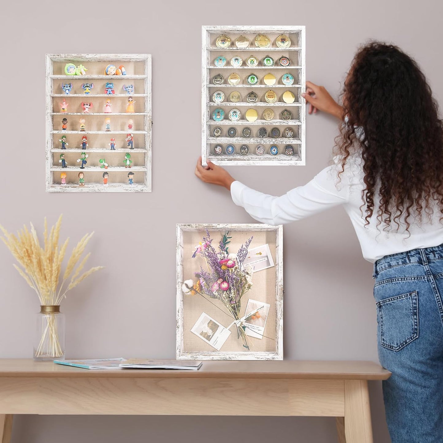 16x20 Wooden Shadow Box Frame with Removable Shelves Deep Display Case for Military Medals Keepsakes White