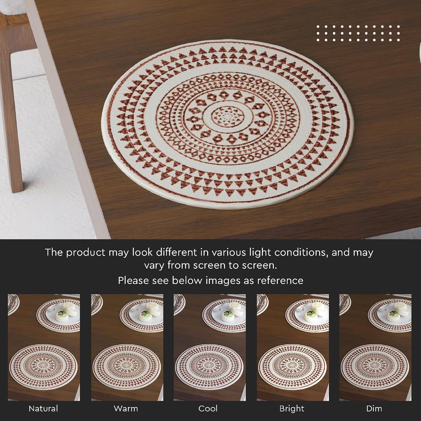 Encasa XO Dining Placemats, Cotton Round Table Mats 13" Maroon Mandala-3 Print