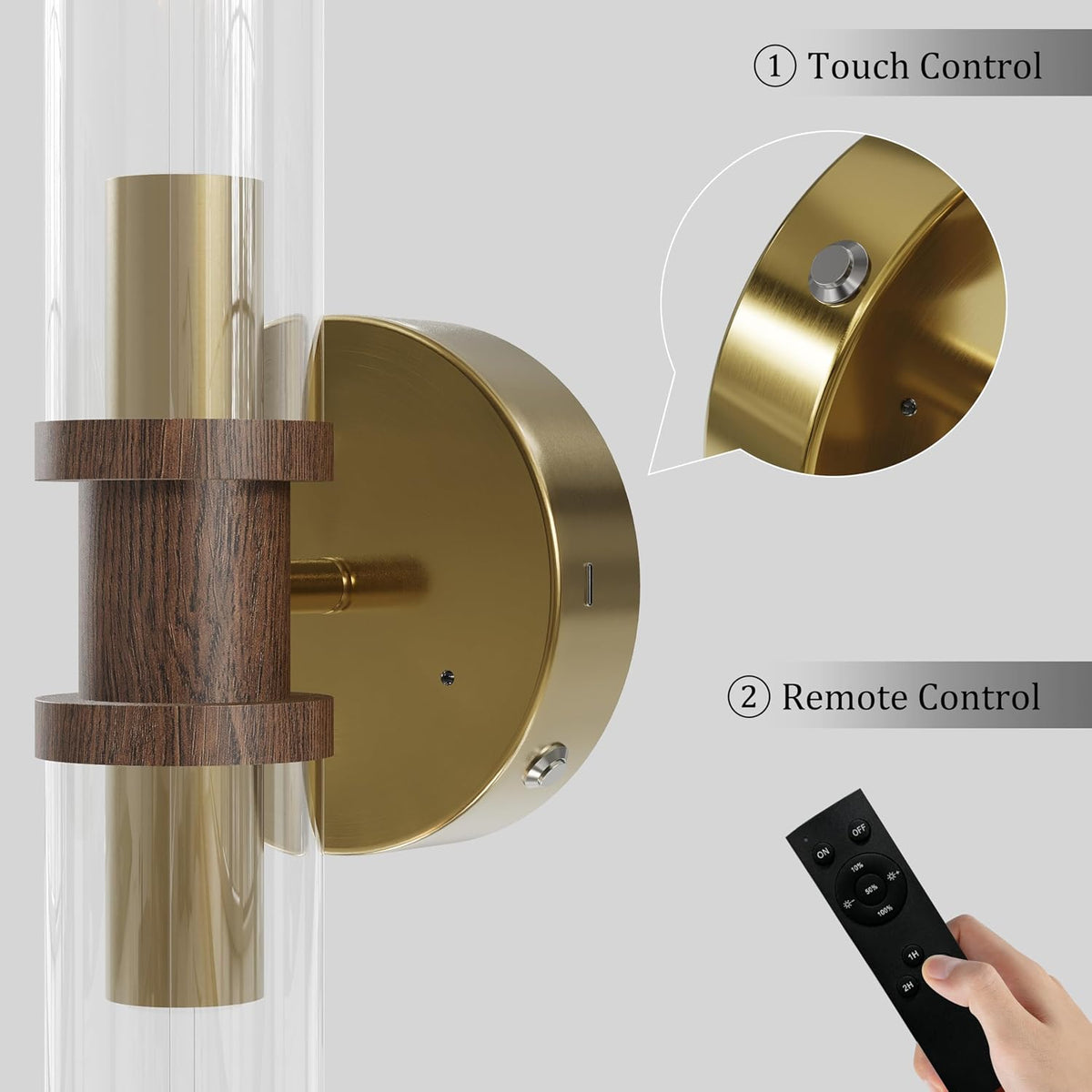Rayogale Gold & Walnut Wireless Battery Operated Wall Sconces with Remote | Glass Rechargeable Wall Lights Set of 2