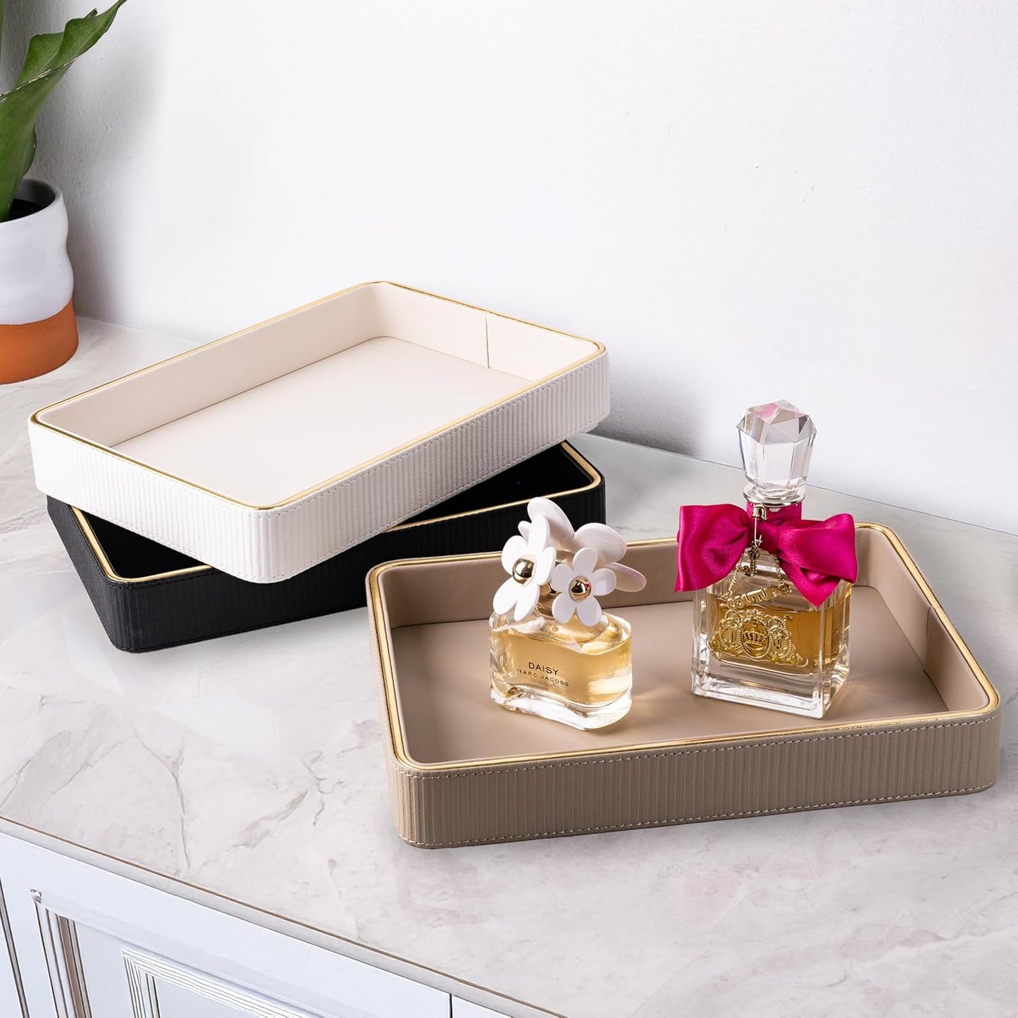 Nightstand Organizer / Bedroom Tray Catchall / Beige / 8 x 11 x 1.8