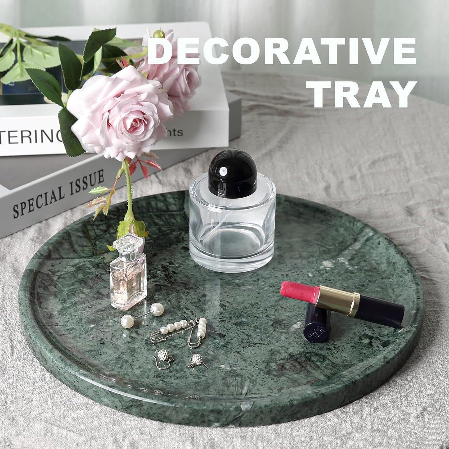 Marble Round Tray / Green / 11.8 Inch