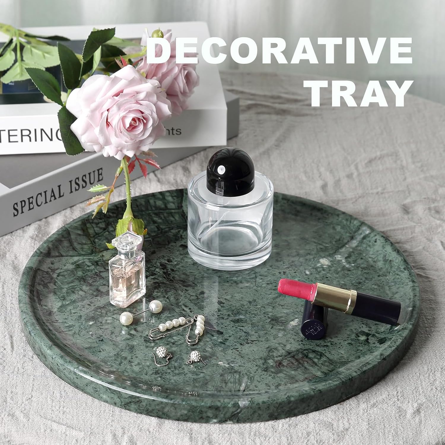 Marble Round Tray / Green / 11.8 Inch