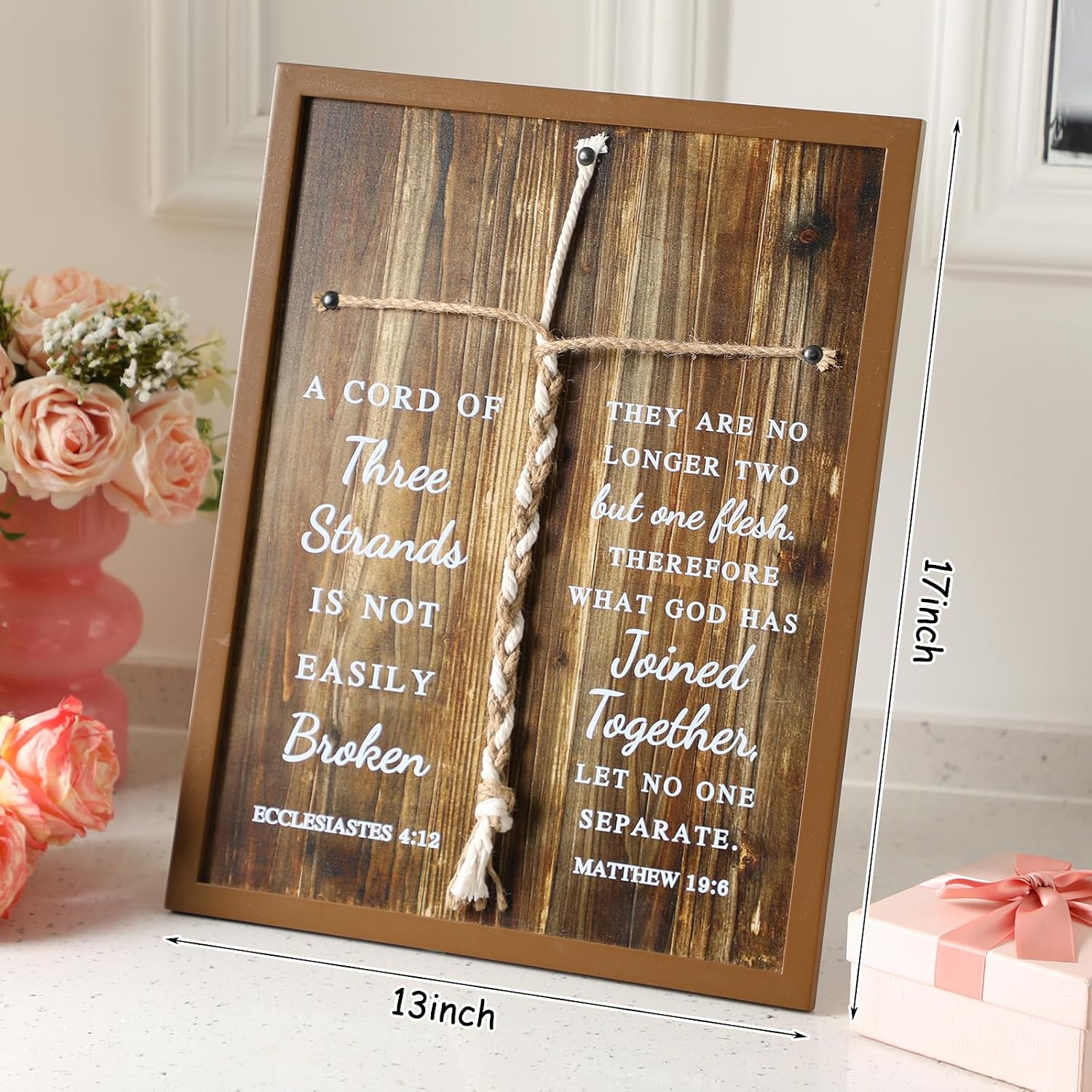 a Cord of Three Strands Christian Wedding Ceremony Knot Rope Decoration Bible / Wood Grain / 17 x 13