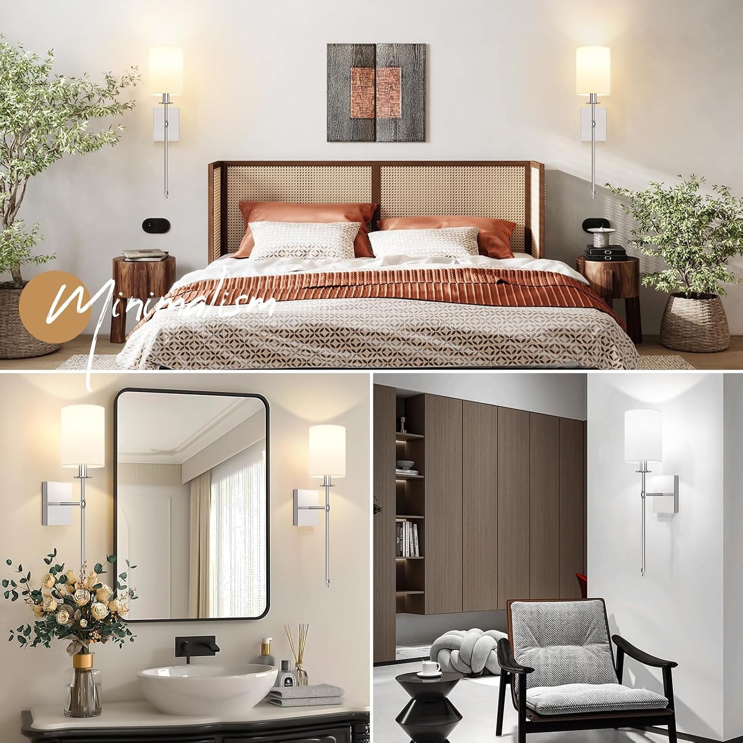 24 Inch Battery Operated Wall Sconces Set of 2 with Remote, Brushed Nickel Rechargeable Wireless Wall Lights with White