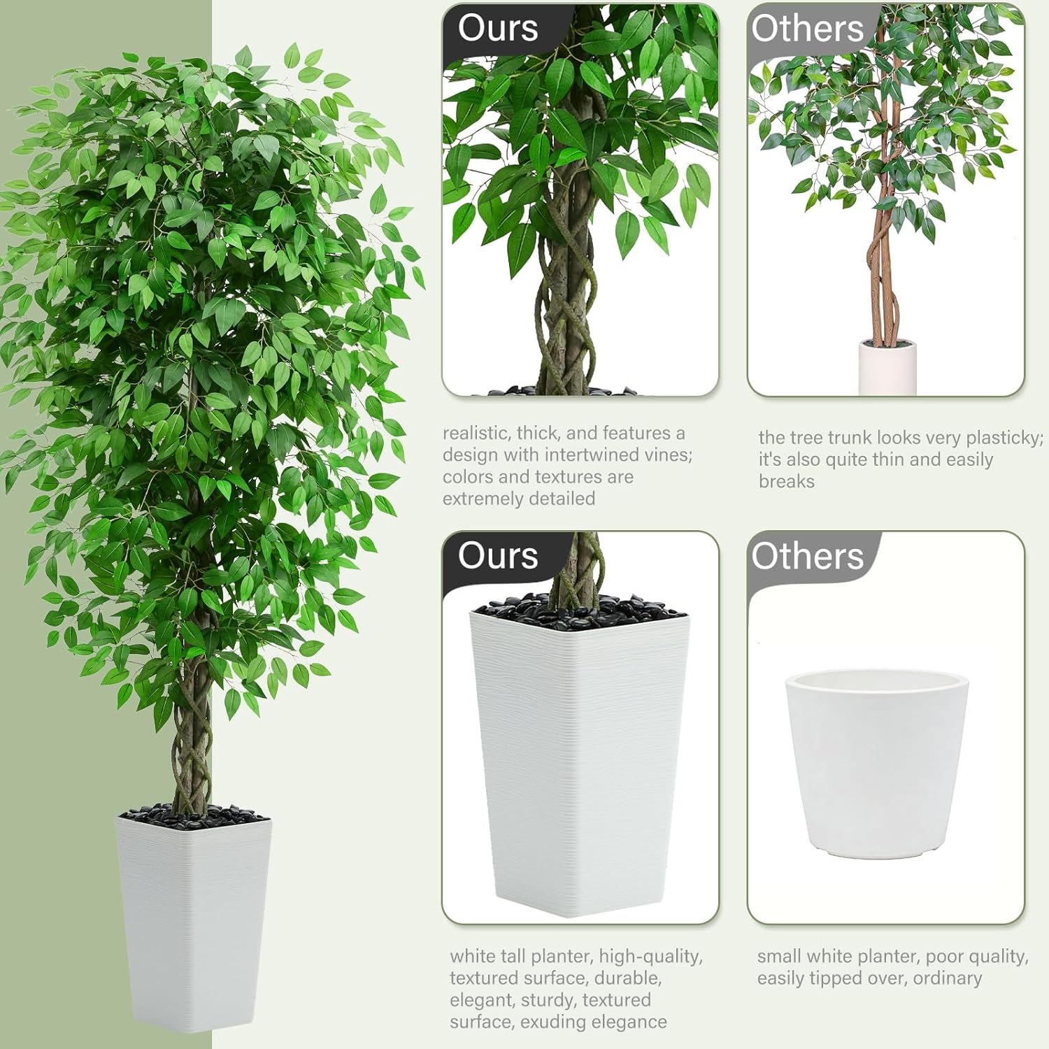 Artificial Ficus Tree Faux Plants Indoor Tall Fake Plants / 6FT / White / 6 Inch