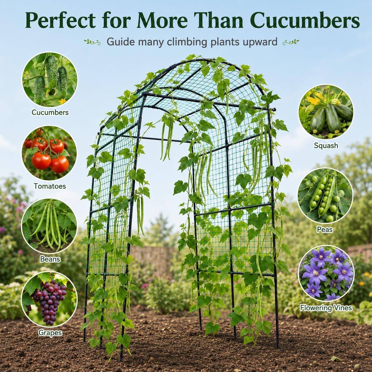 FOLLOOK Garden Arch Trellis for Climbing Plants Outdoor, 7.8 ft, Black | Cucumber Trellis for Raised Garden Bed