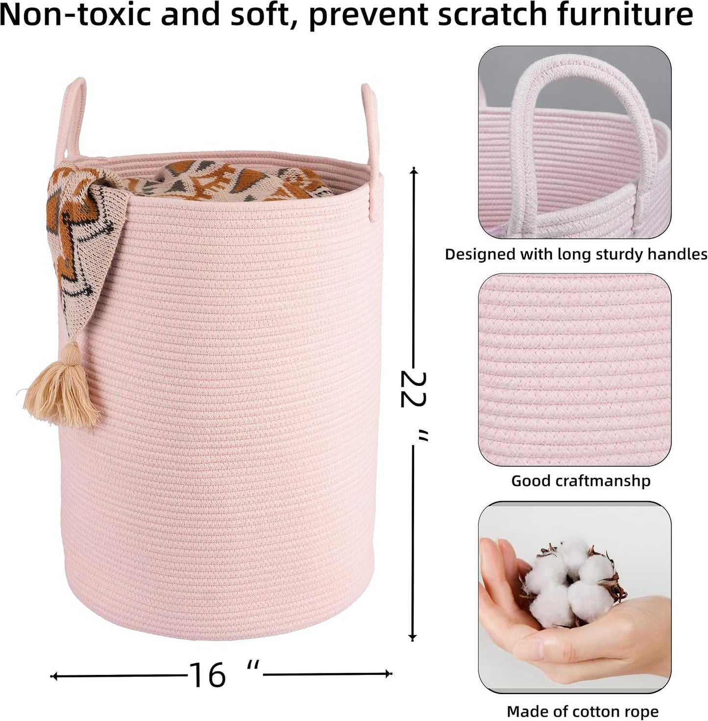 Cotton Rope Laundry Basket Hamper for Clothes Woven Storage Basket / Large / Pink