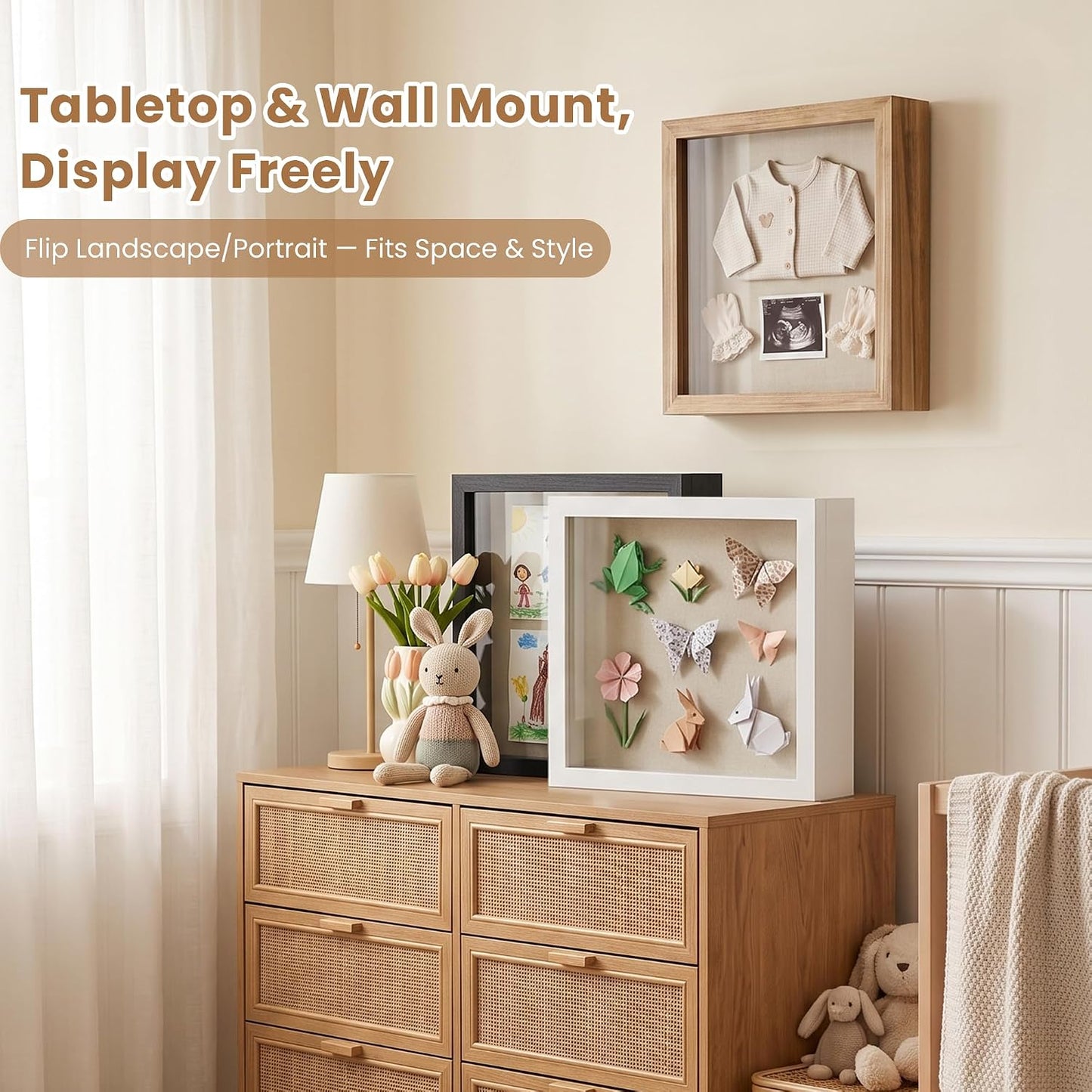 Love-KANKEI Deep Shadow Box 11x11,Solid Wood Frame,Memory Box,Rustic White | Front-Opening Glass Magnetic Door,Linen